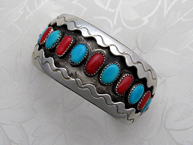 Native American Coral Turquoise Silver Cuff USA