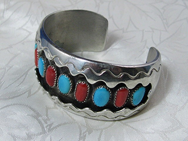 Native American Coral Turquoise Silver Cuff USA