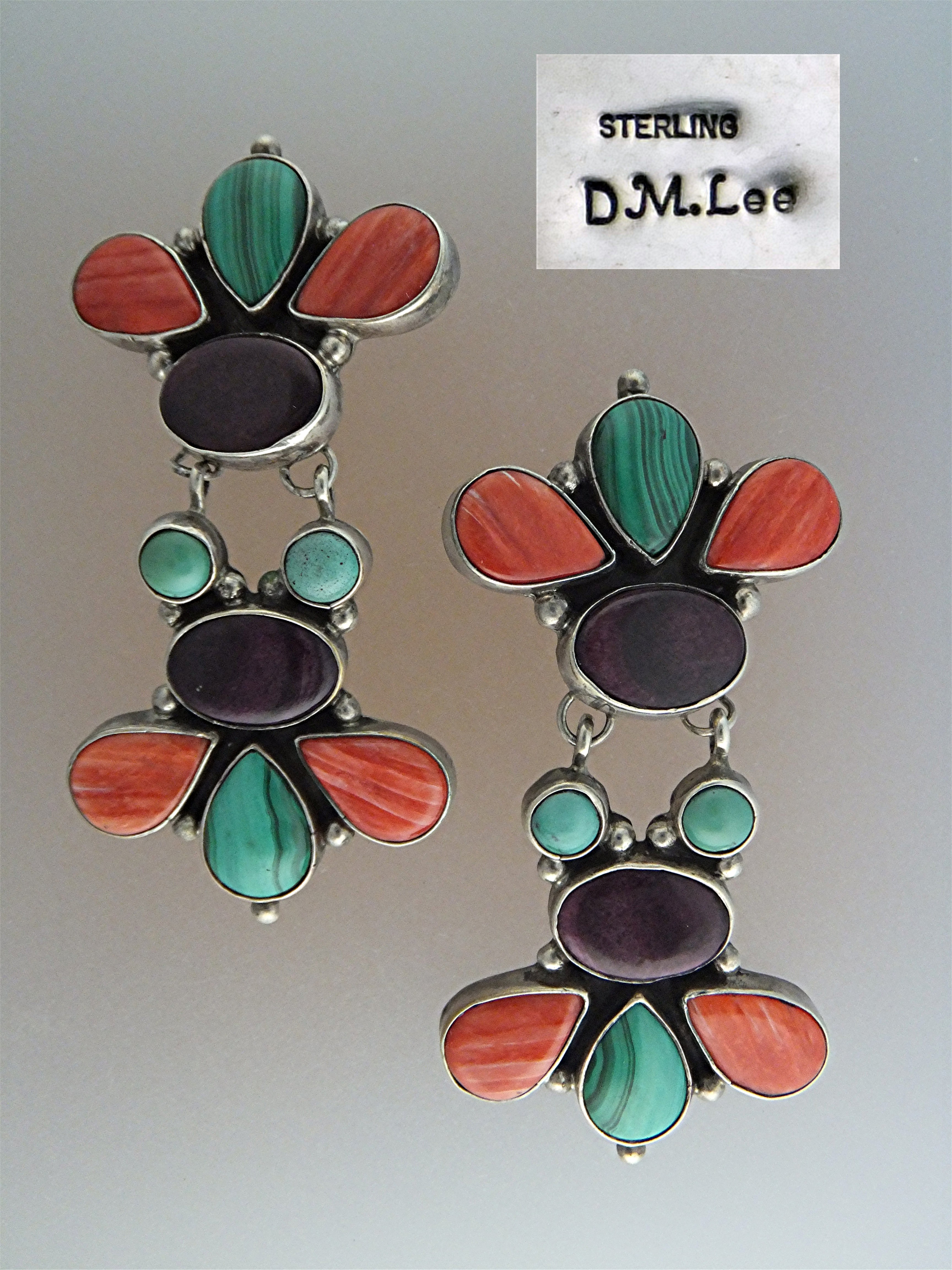 DM Lee Navajo Sterling Silver Gems Clip Earrings