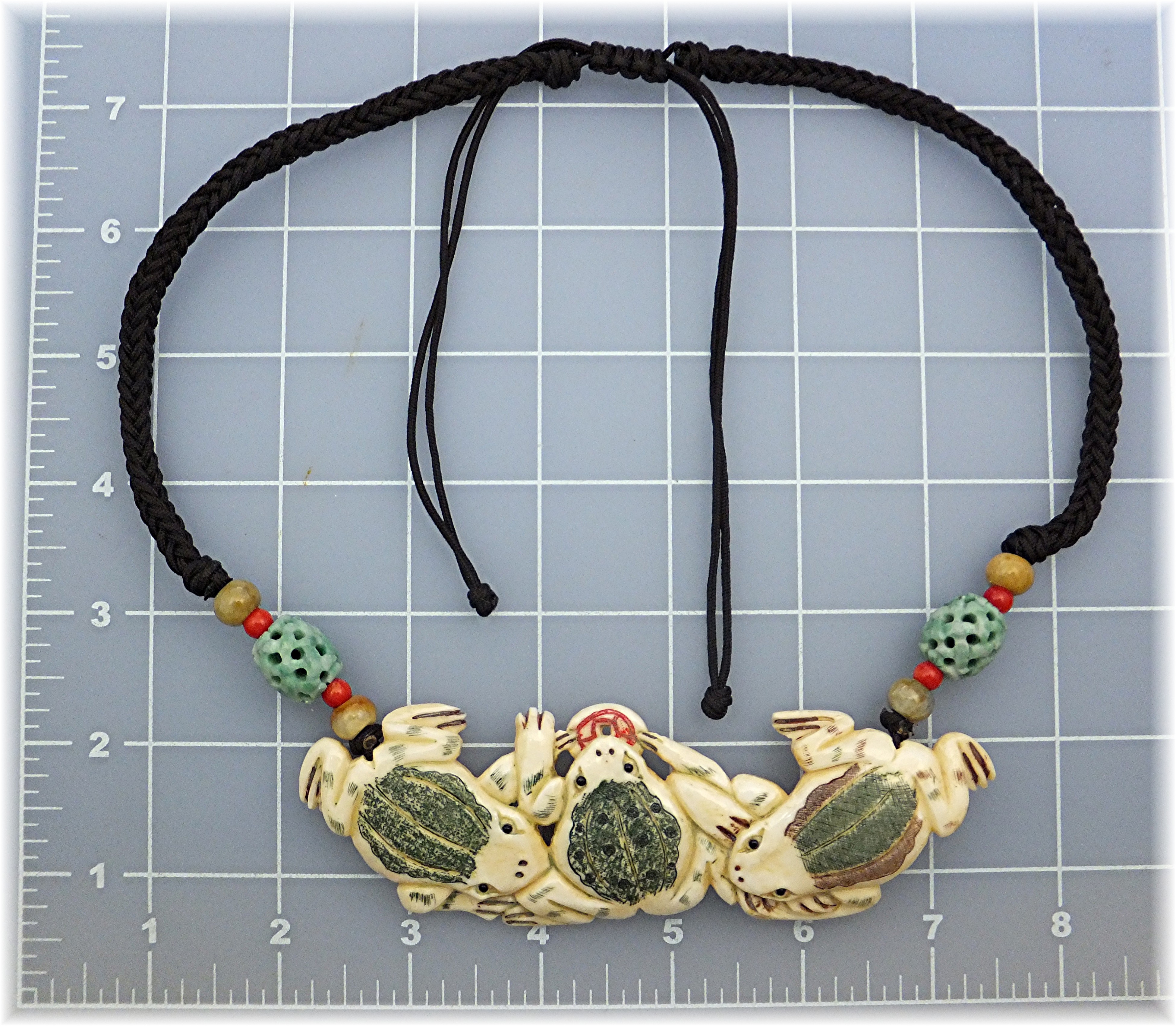 Necklace  Black Cord Bone Frogs Agate Beads