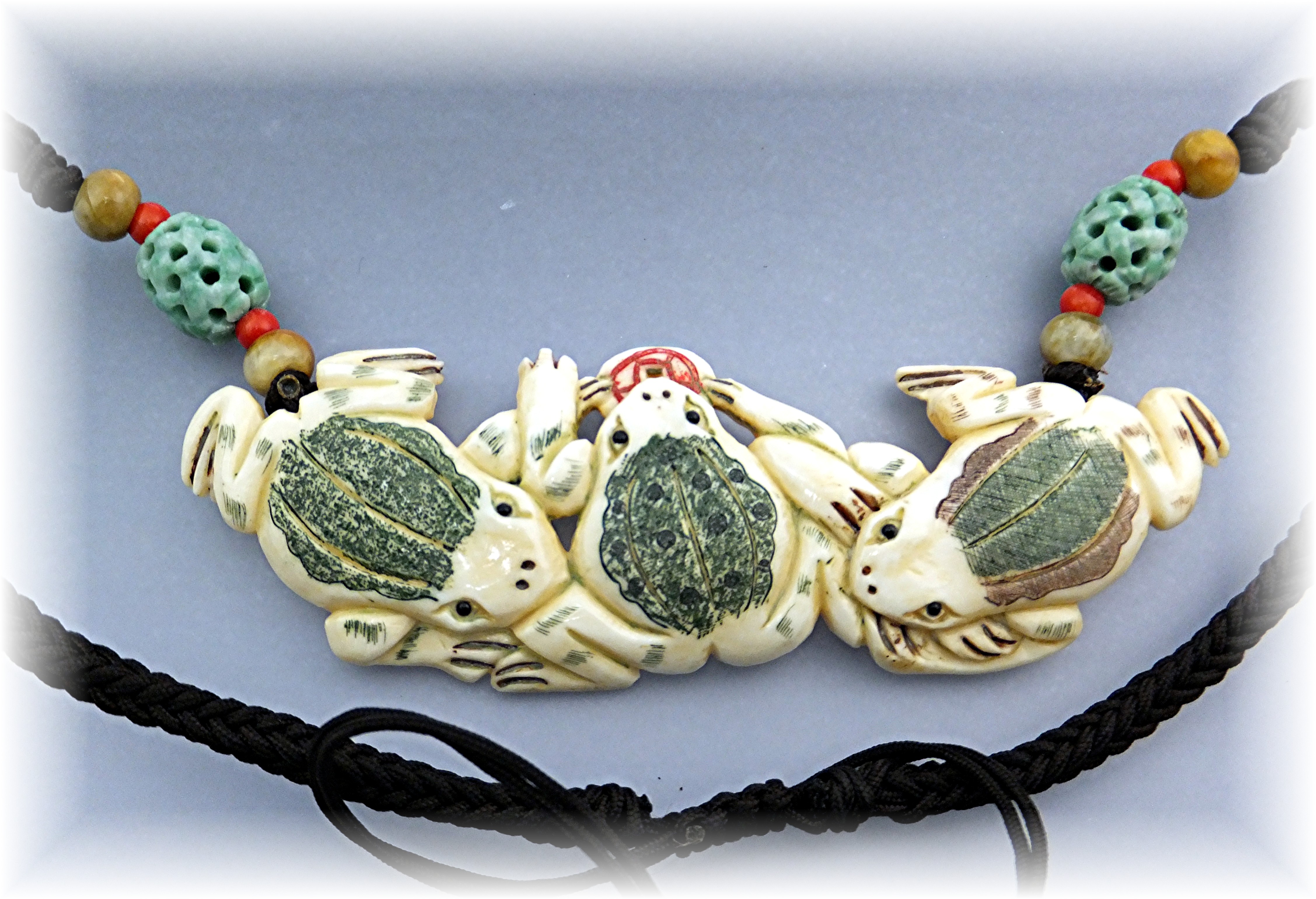 Necklace  Black Cord Bone Frogs Agate Beads