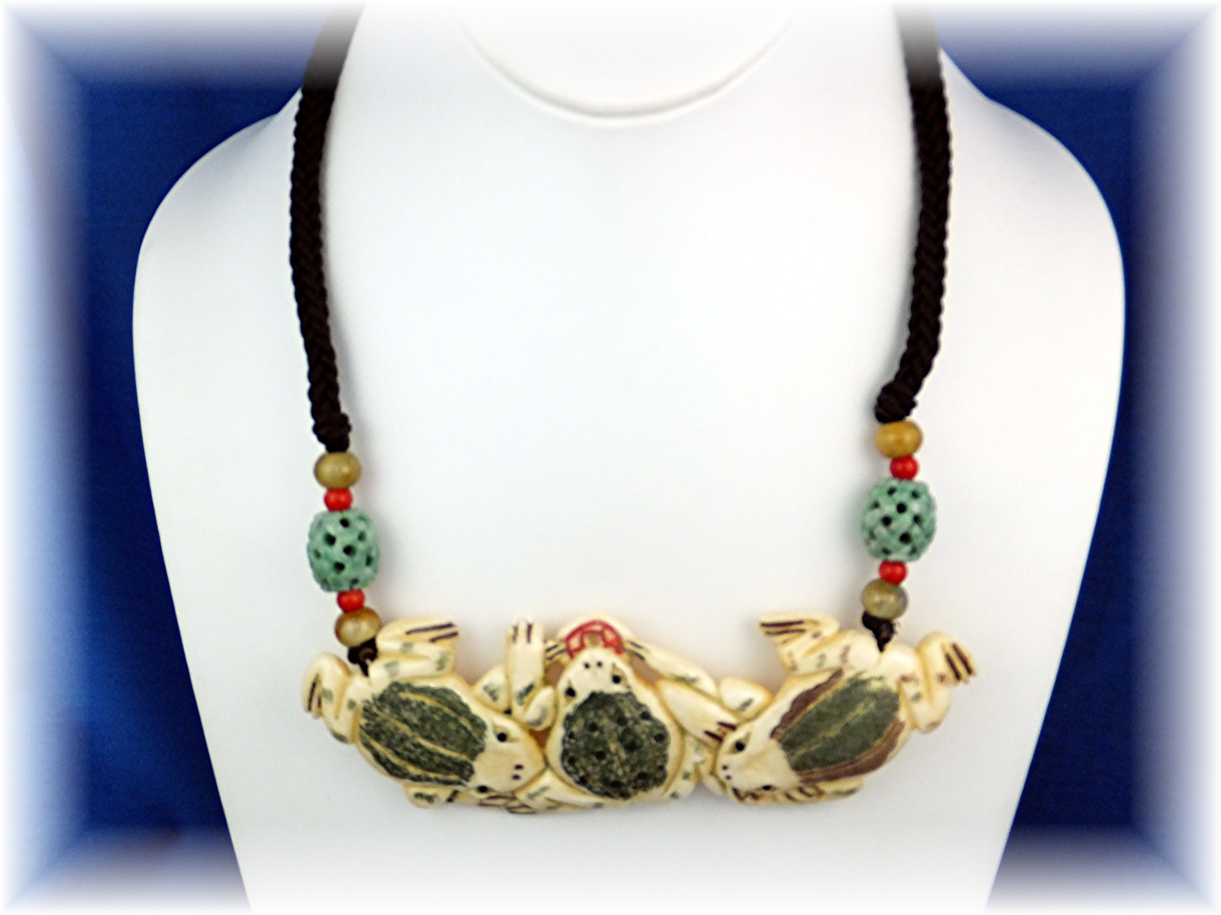 Necklace  Black Cord Bone Frogs Agate Beads