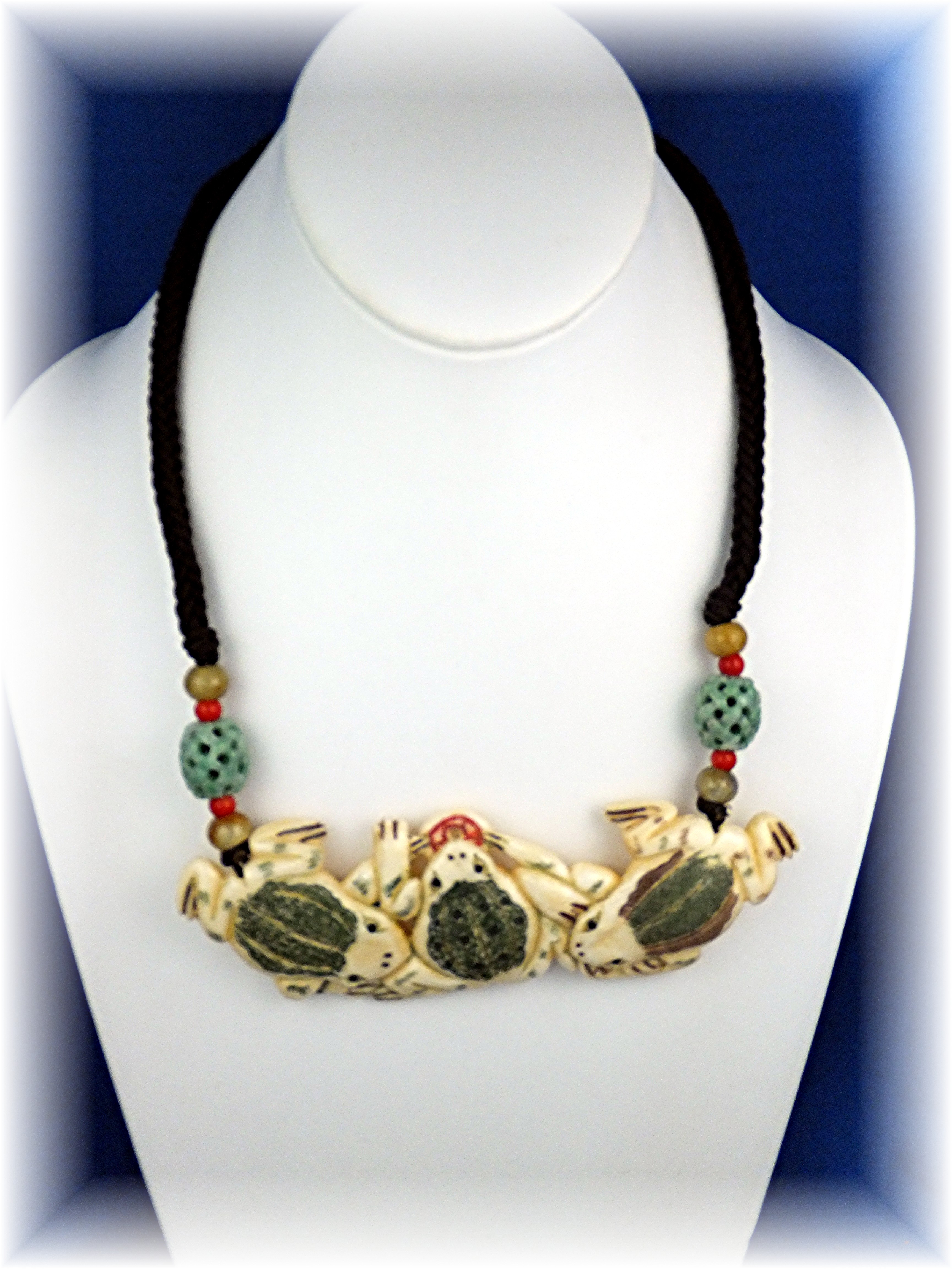 Necklace  Black Cord Bone Frogs Agate Beads