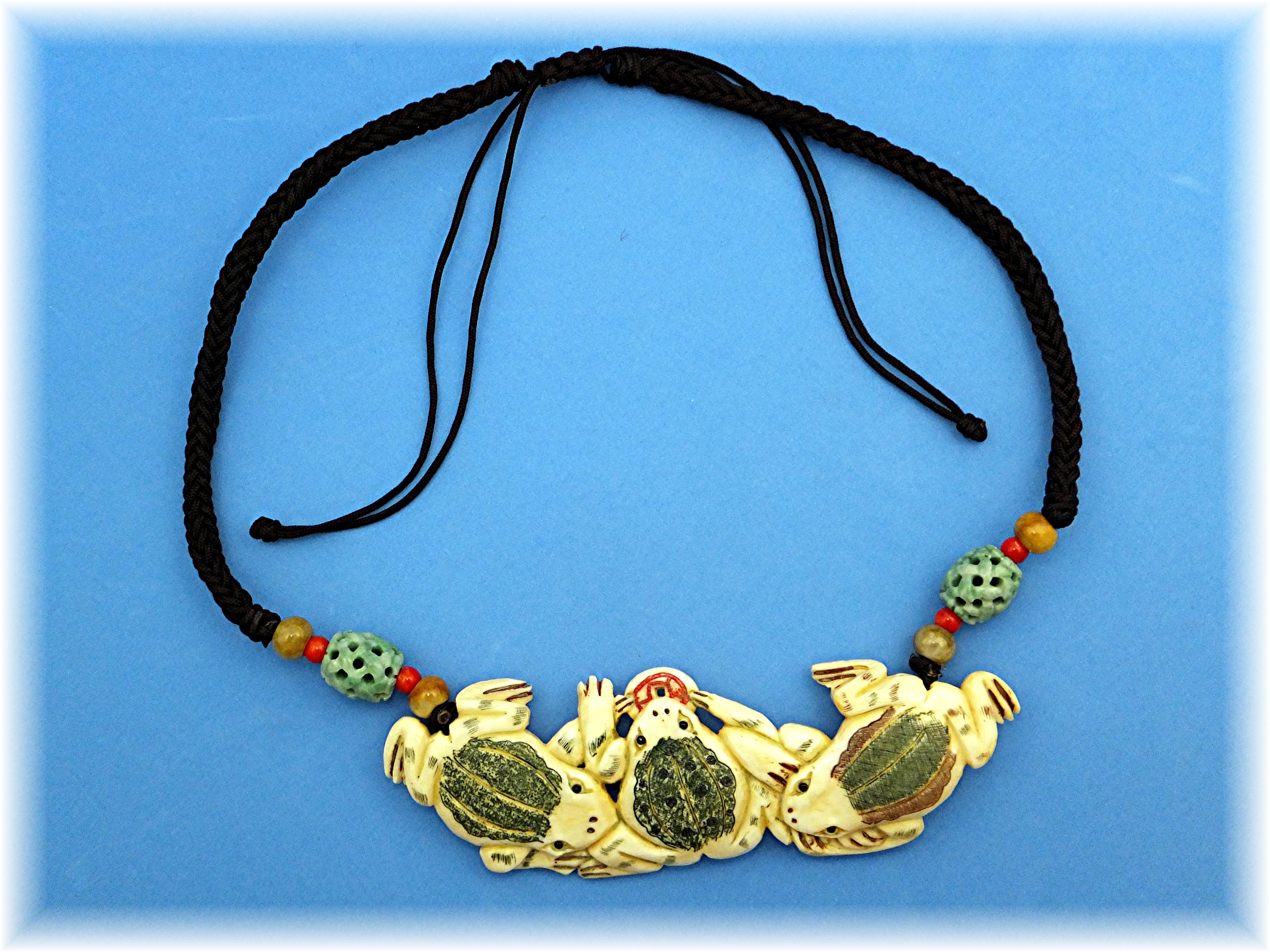 Necklace  Black Cord Bone Frogs Agate Beads