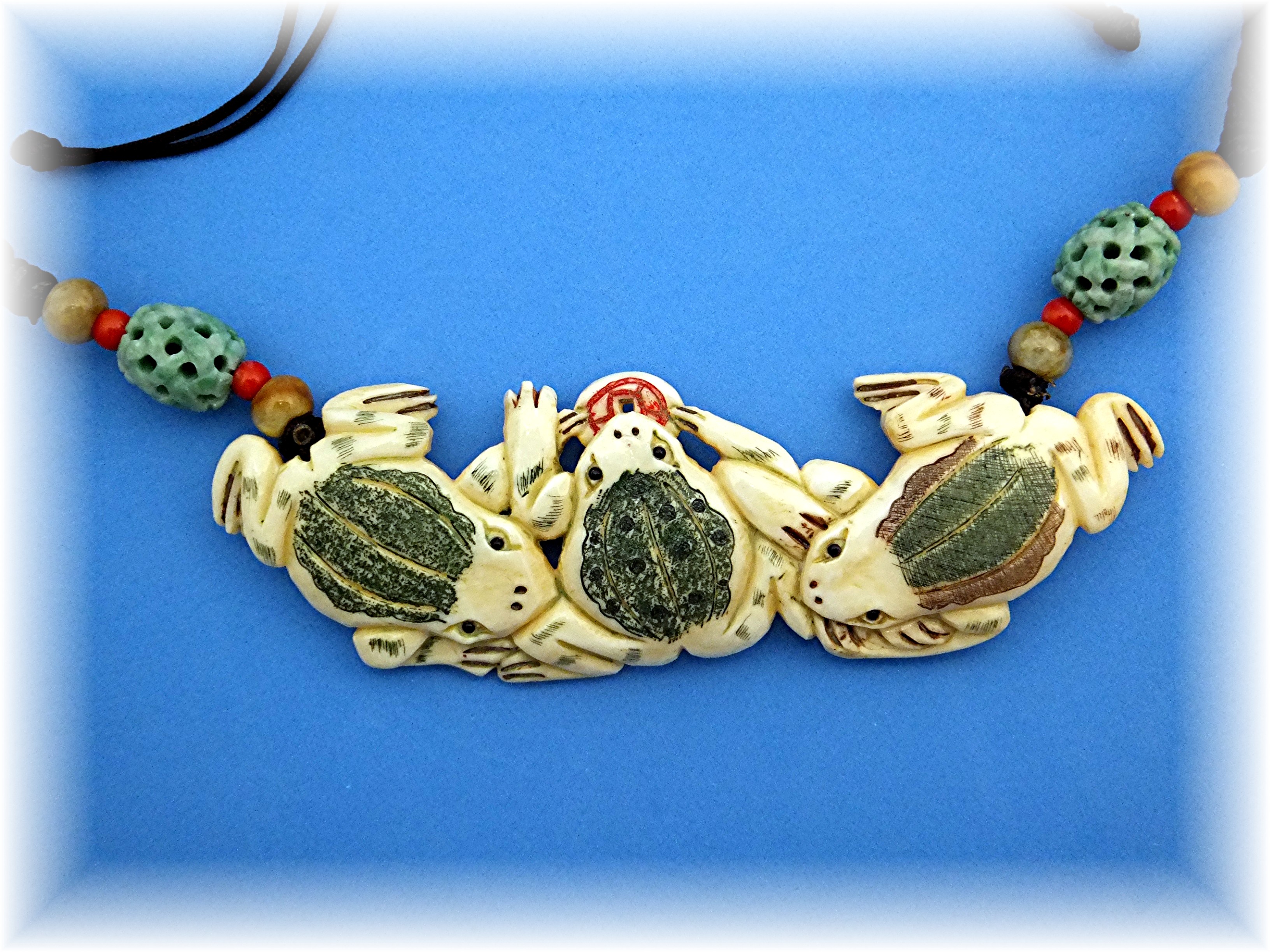 Necklace  Black Cord Bone Frogs Agate Beads