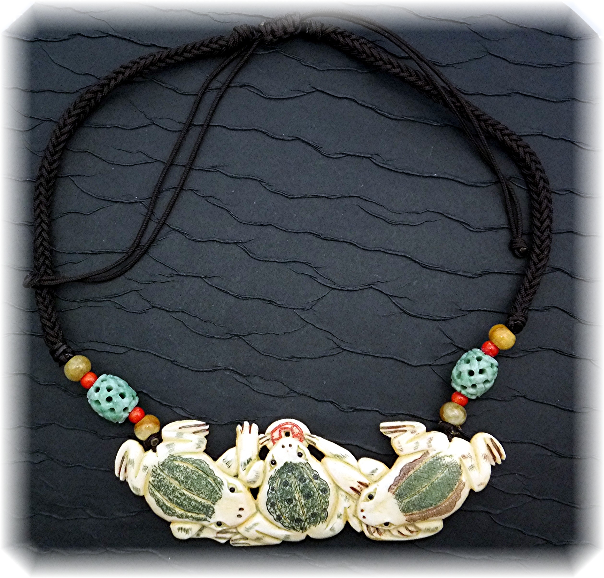 Necklace  Black Cord Bone Frogs Agate Beads