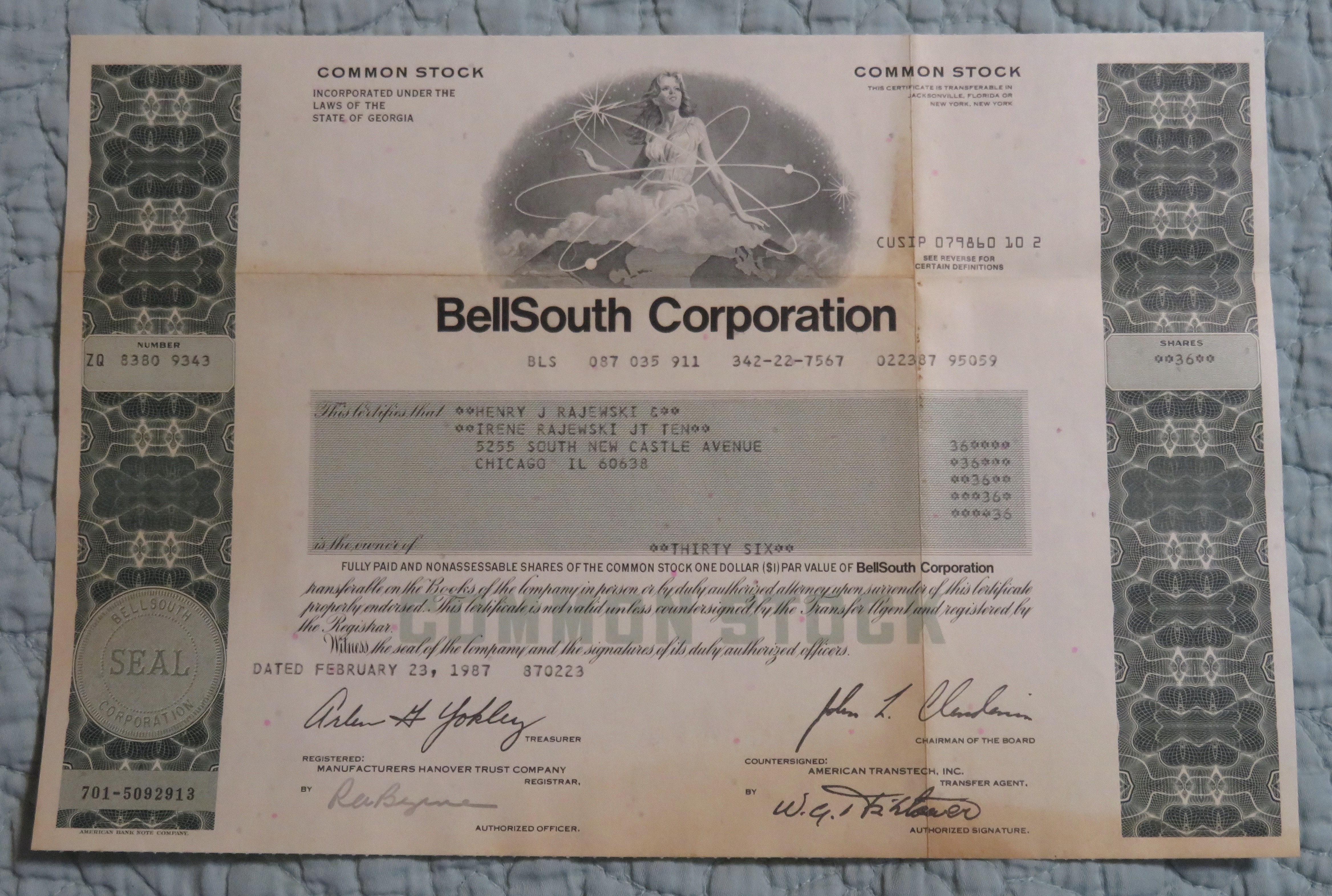 1987 Bell South Corporation Stock Certificate
