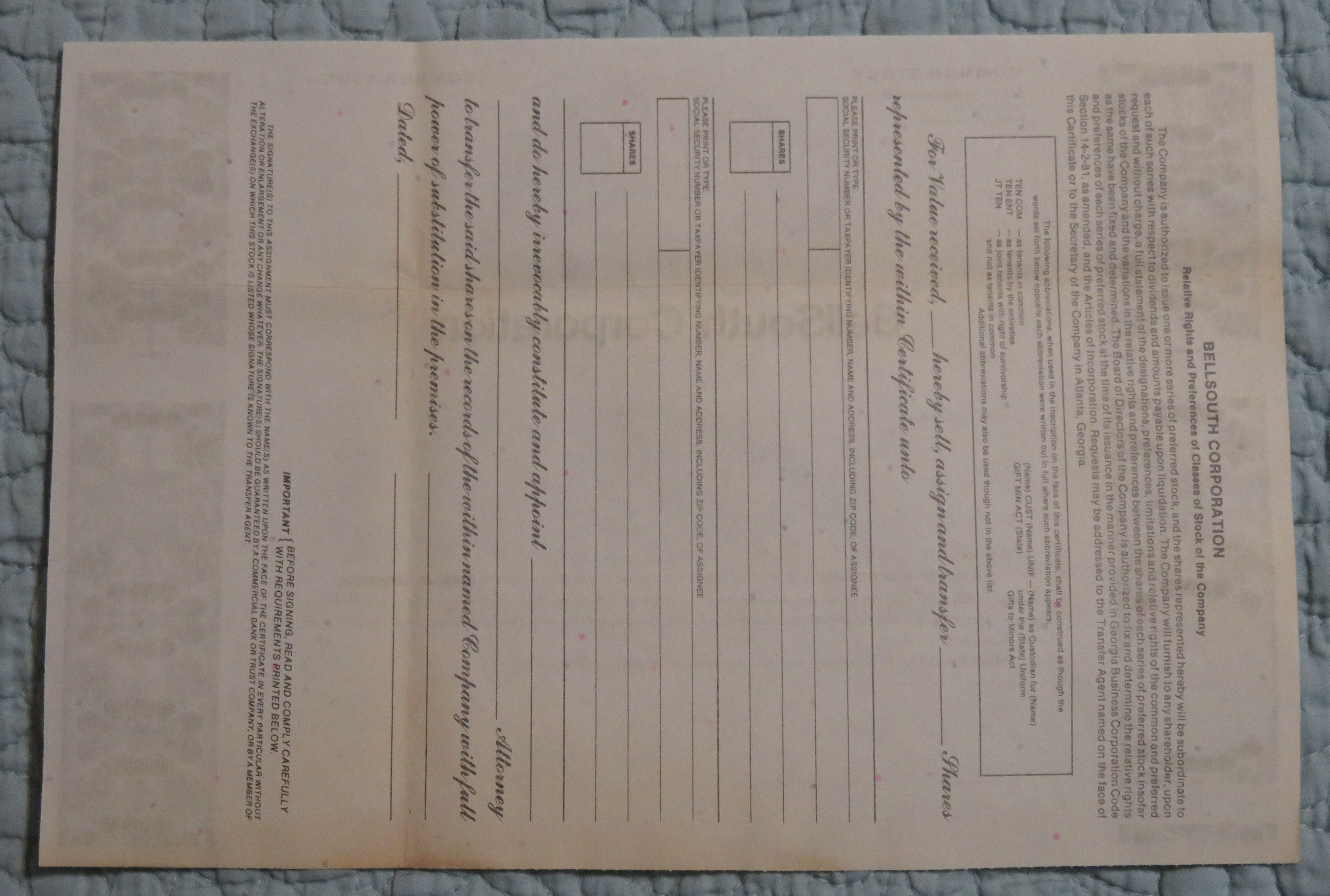 1987 Bell South Corporation Stock Certificate