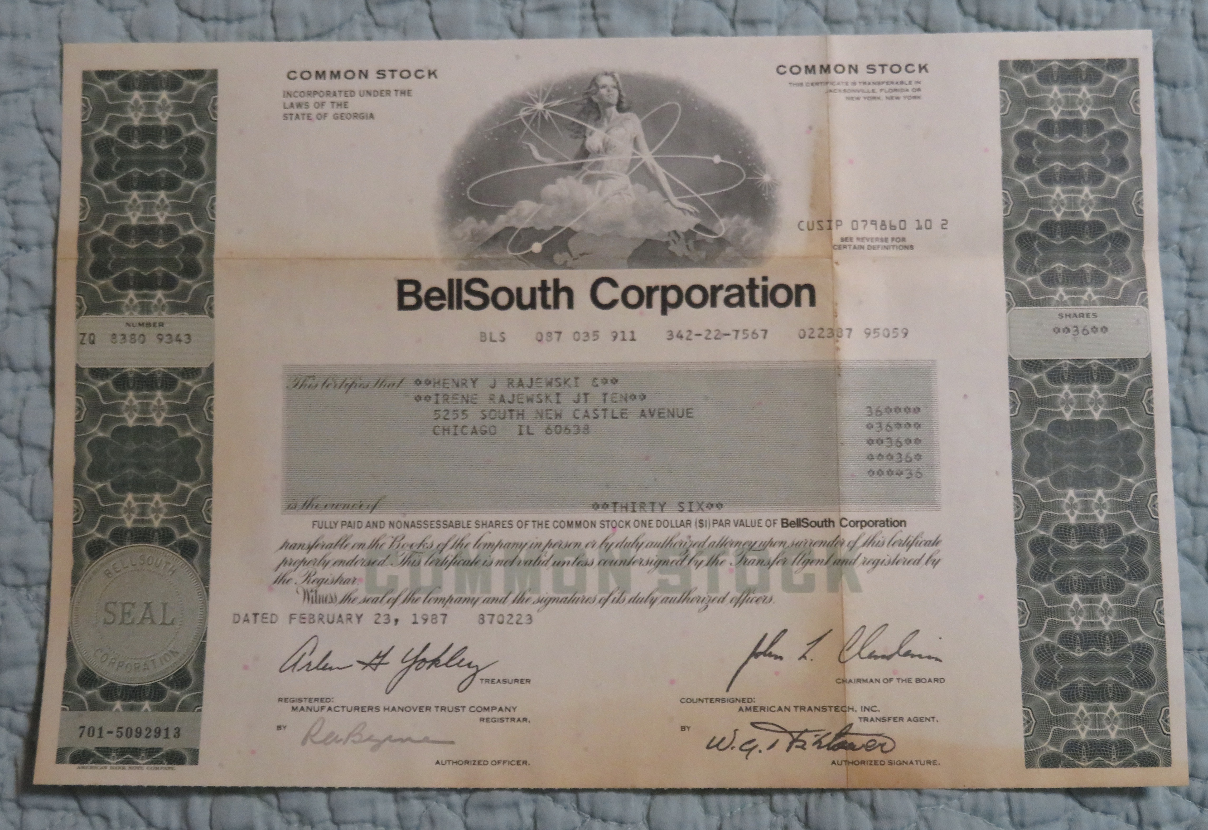 1987 Bell South Corporation Stock Certificate