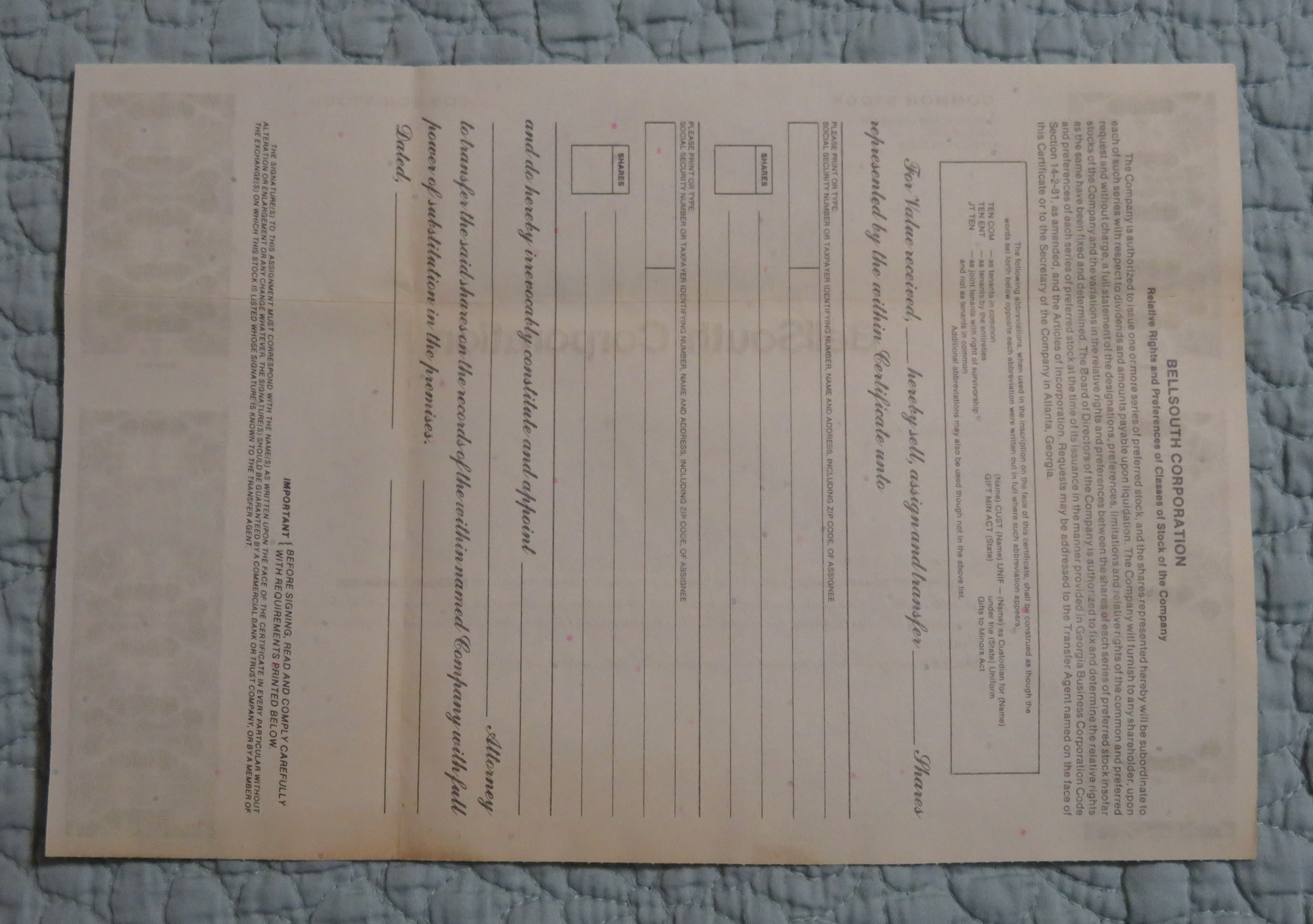 1987 Bell South Corporation Stock Certificate