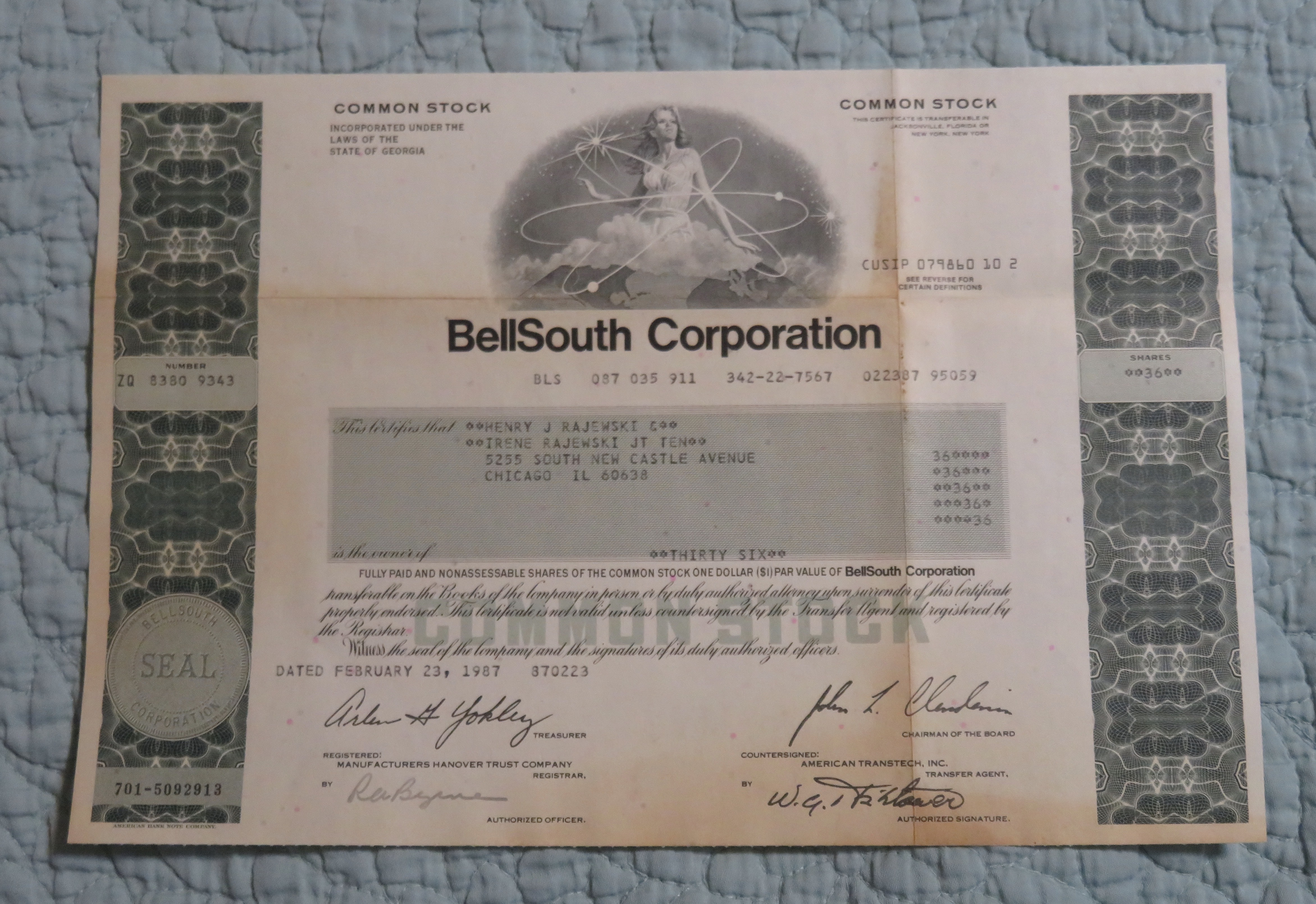 1987 Bell South Corporation Stock Certificate