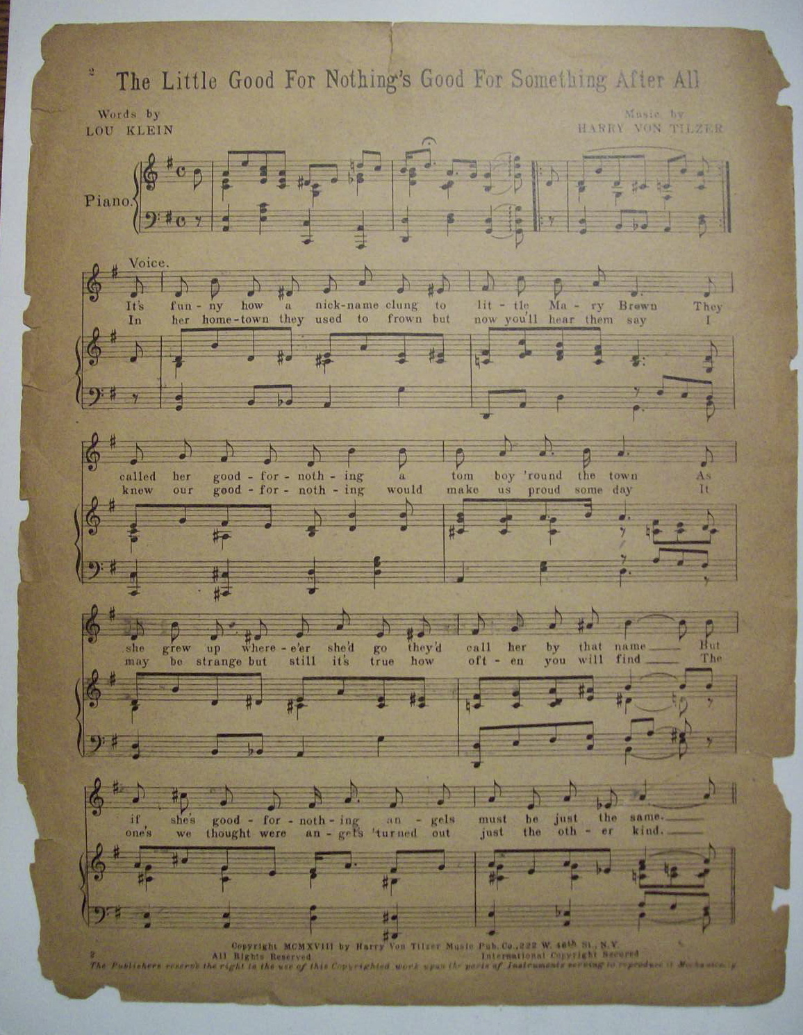 Sheet Music For 1918 The Little Good For Nothings