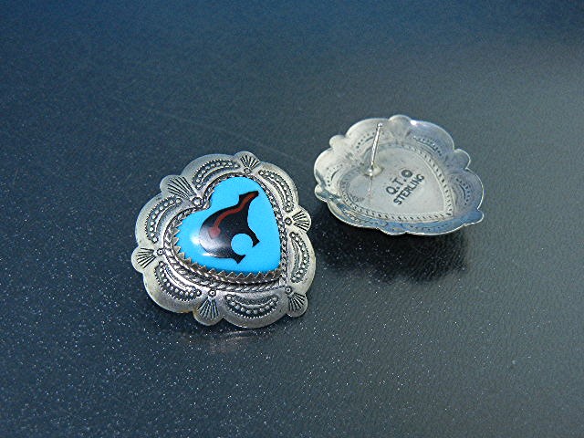 Navajo Turquoise Onyx Bear Hearts Sterling Silver Post