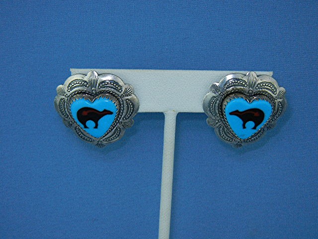 Navajo Turquoise Onyx Bear Hearts Sterling Silver Post