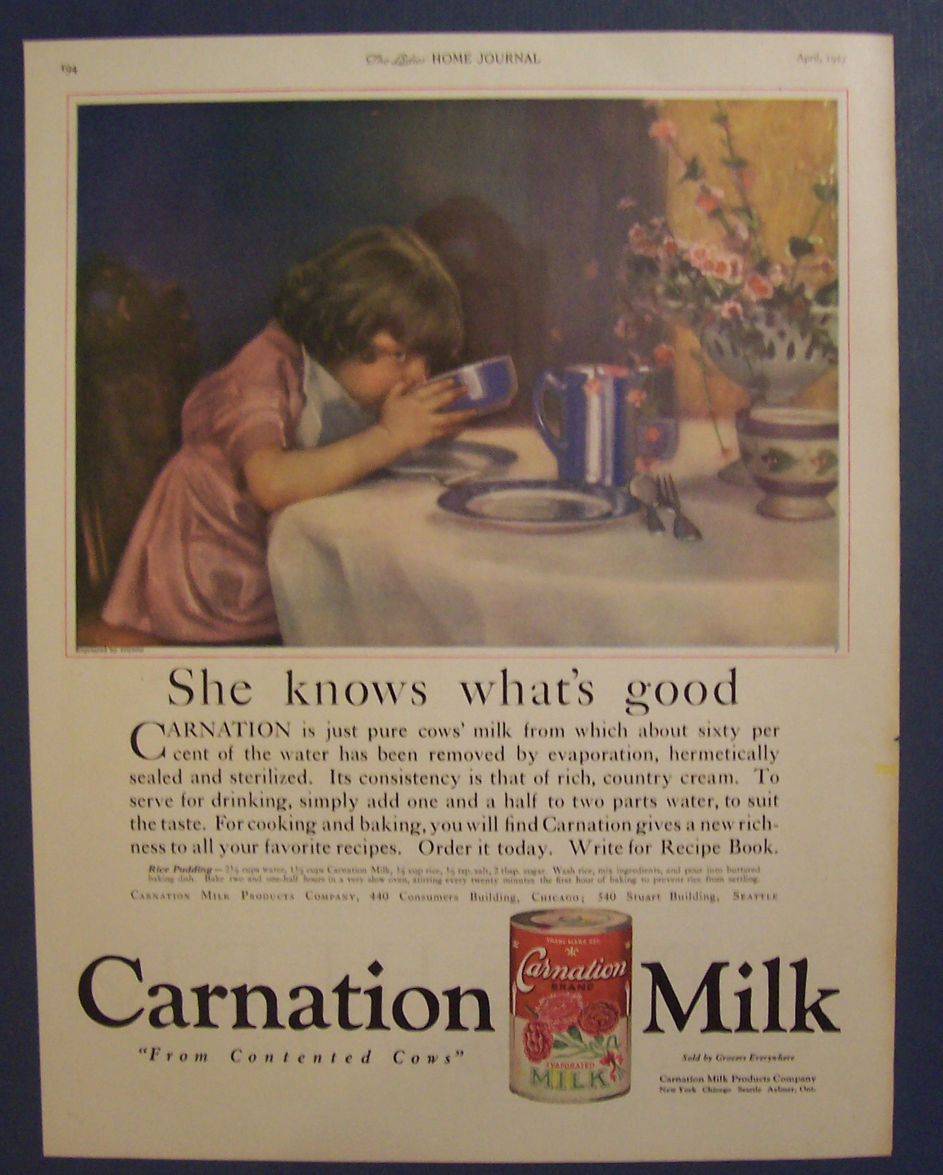 1923 Carnation Milk with Girl Drinking Milk From Bowl