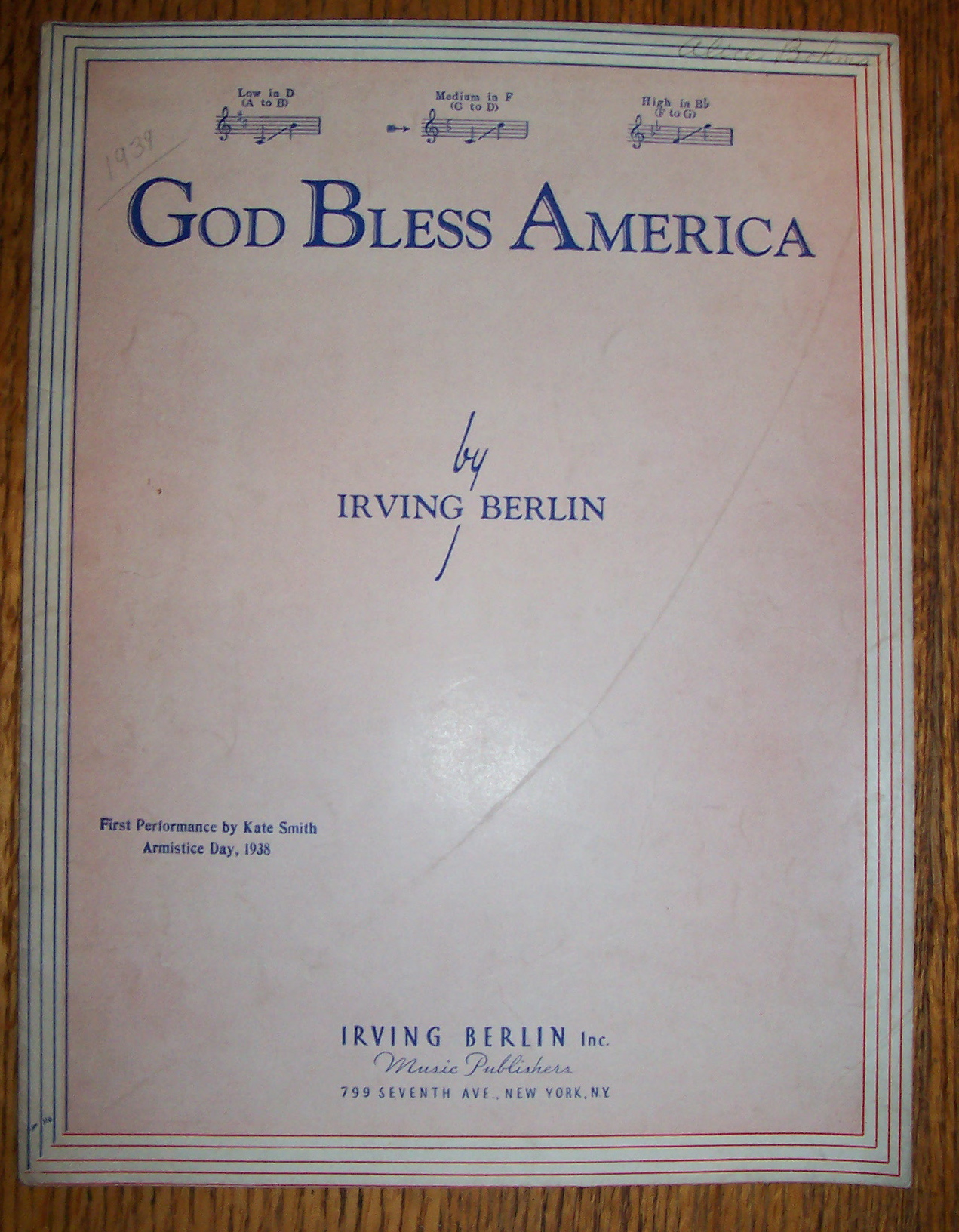 Sheet Music For 1939 God Bless America