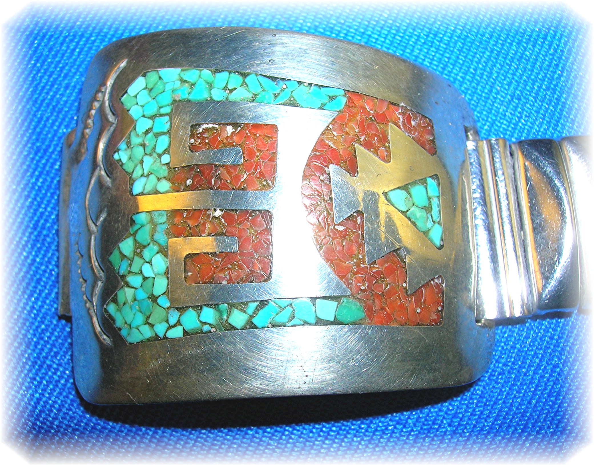 Native American Sterling Silver Turquoise Coral Band