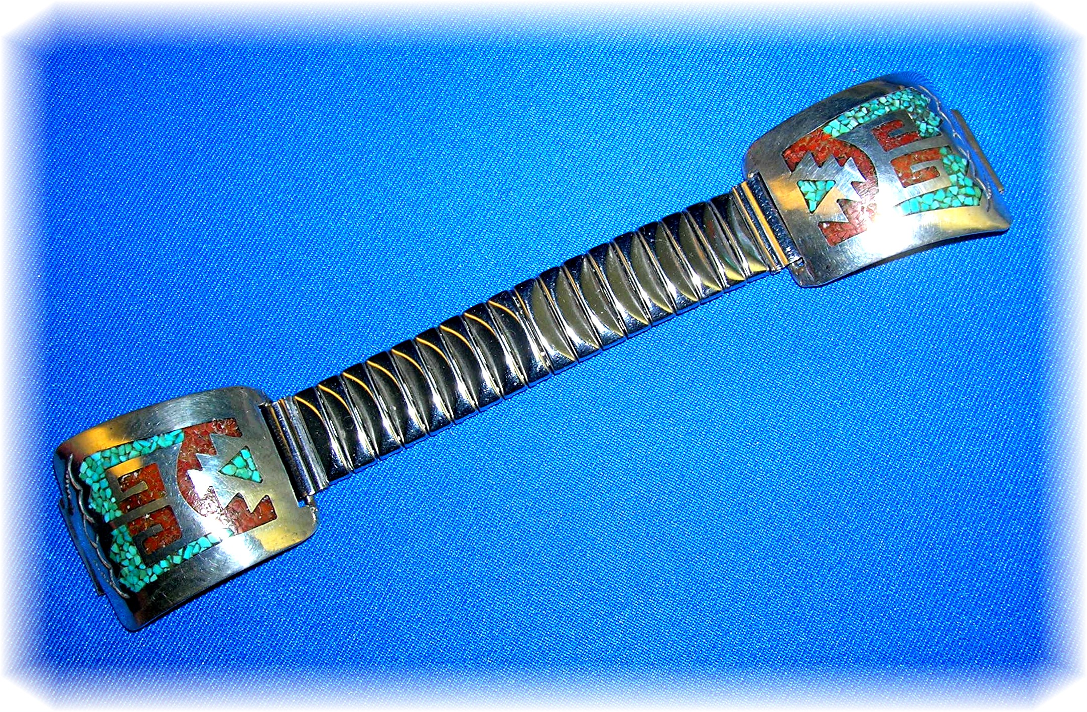 Native American Sterling Silver Turquoise Coral Band