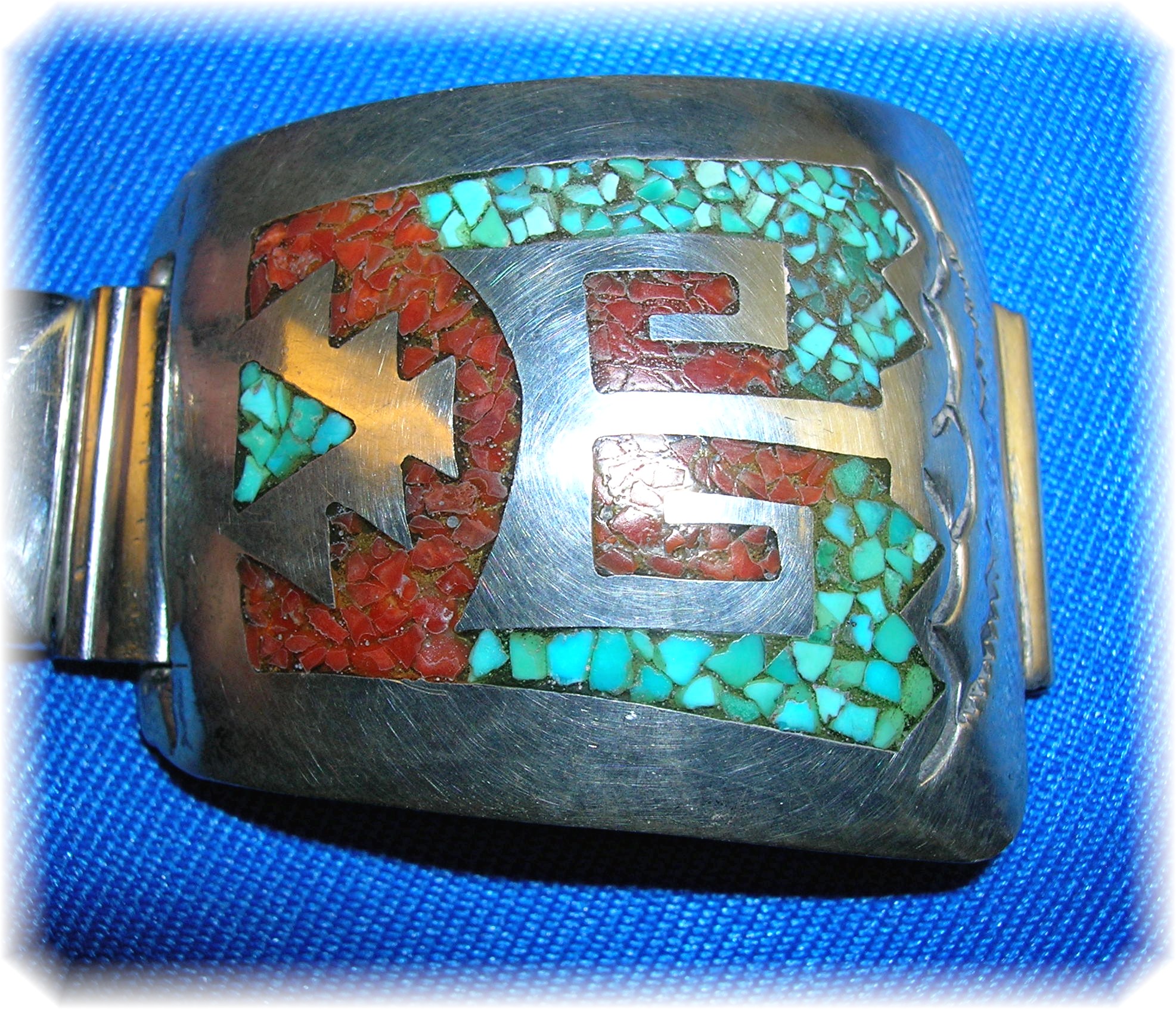 Native American Sterling Silver Turquoise Coral Band