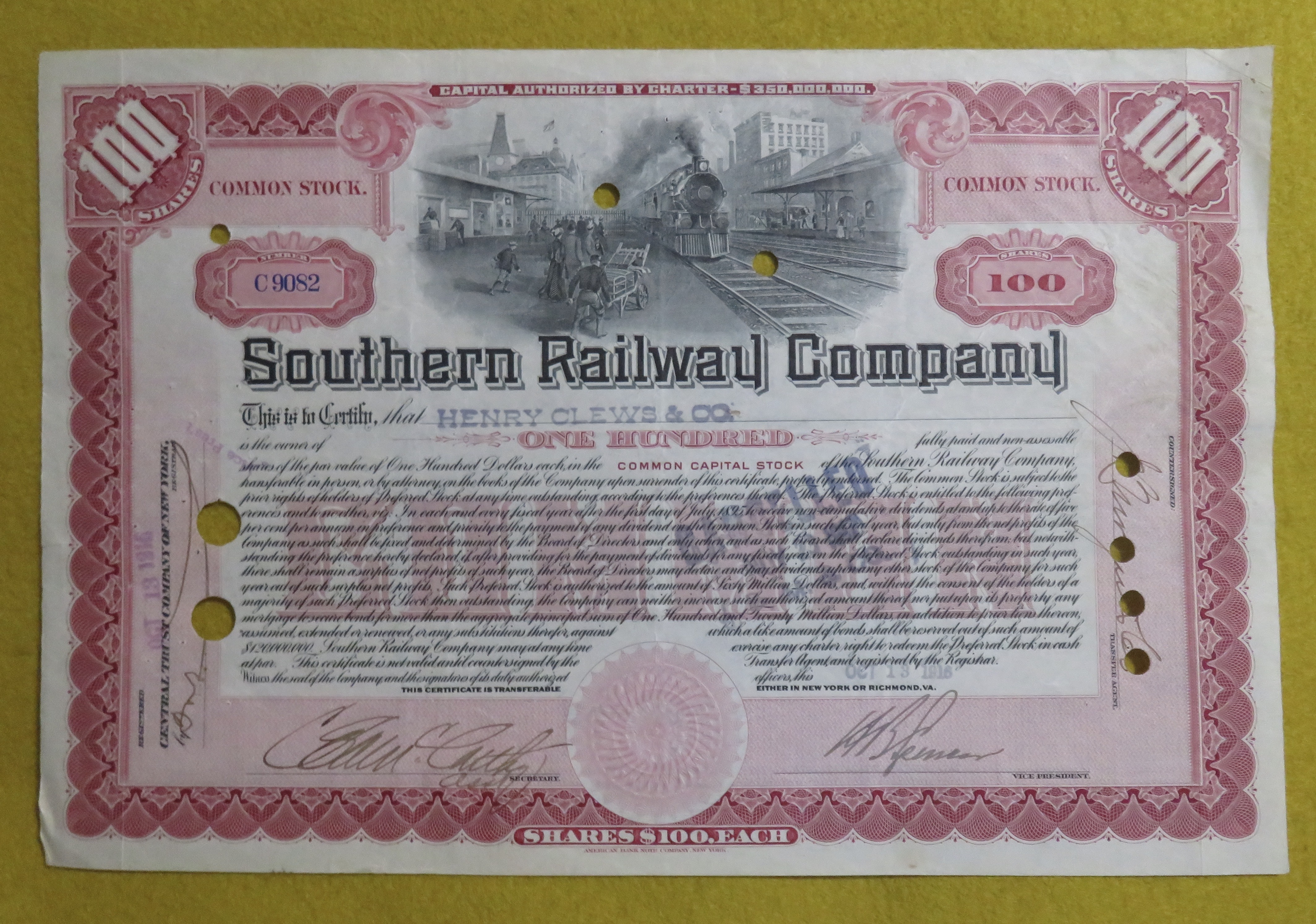 Southern Railway Co Stock Certificate October 13, 1916