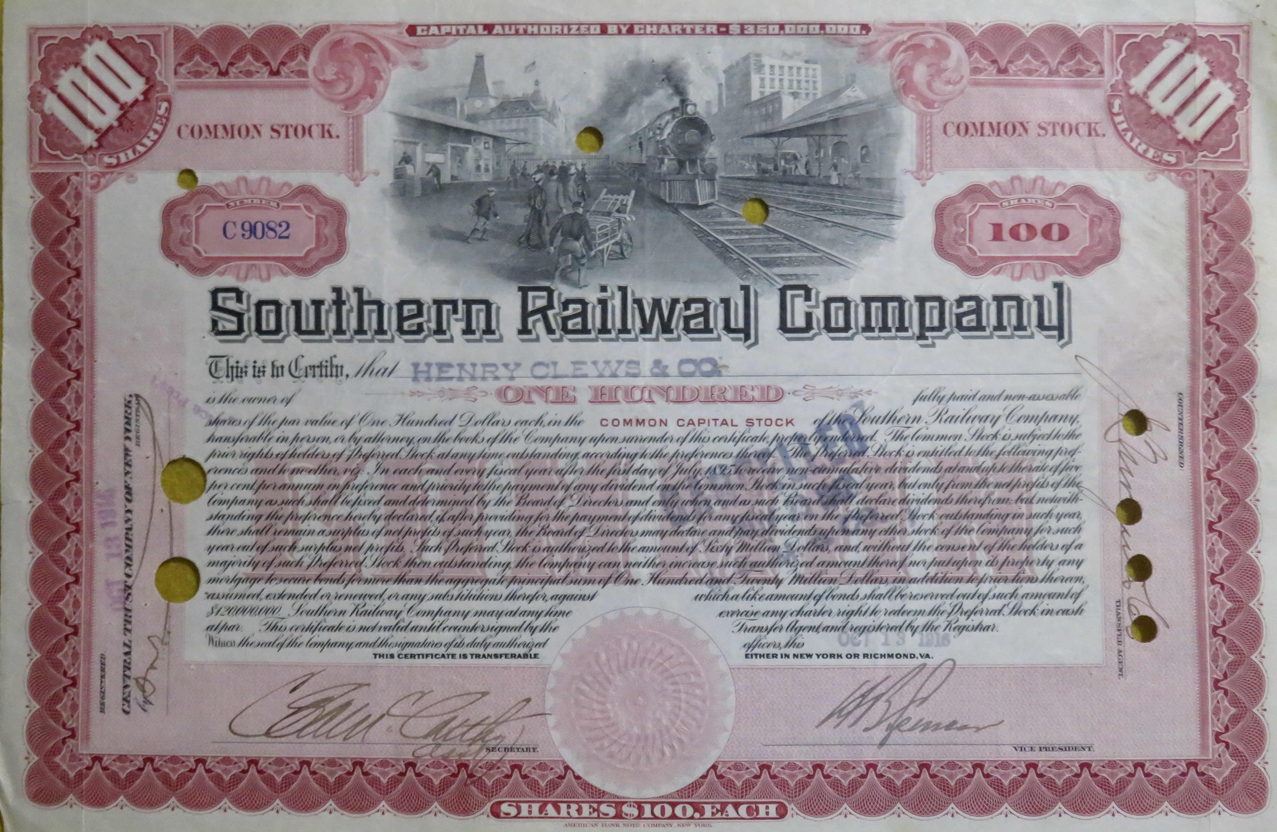 Southern Railway Co Stock Certificate October 13, 1916