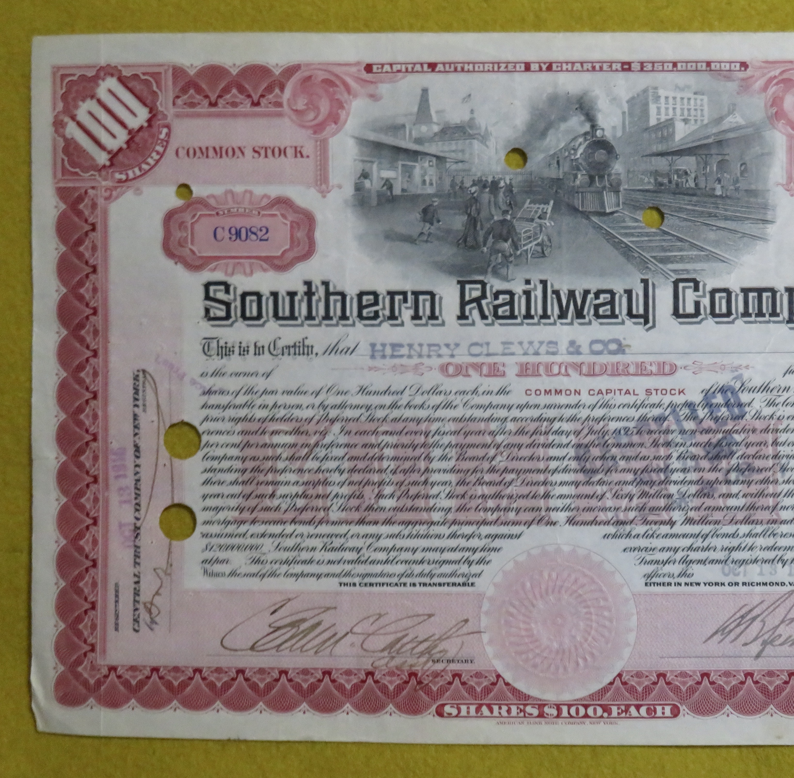 Southern Railway Co Stock Certificate October 13, 1916