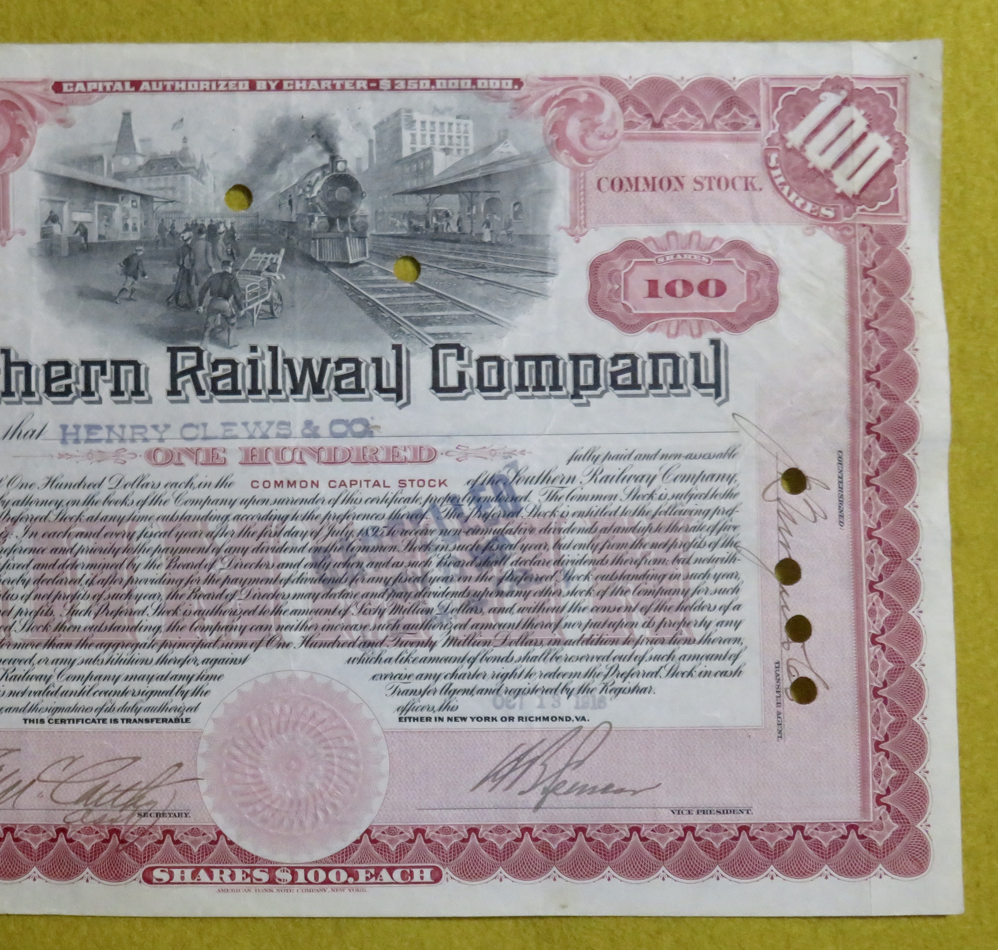Southern Railway Co Stock Certificate October 13, 1916