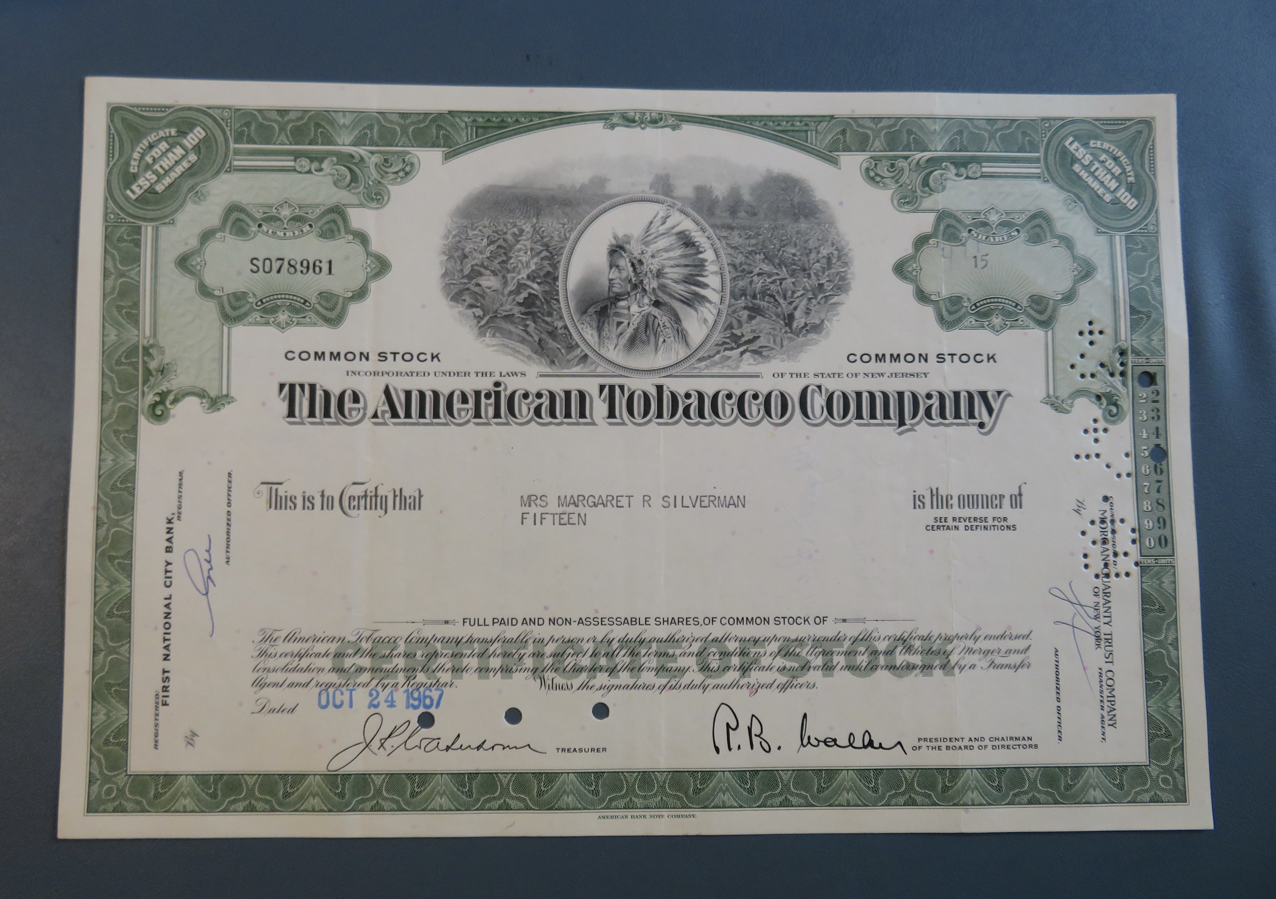 1967 The American Tobacco Company Stock Certificate