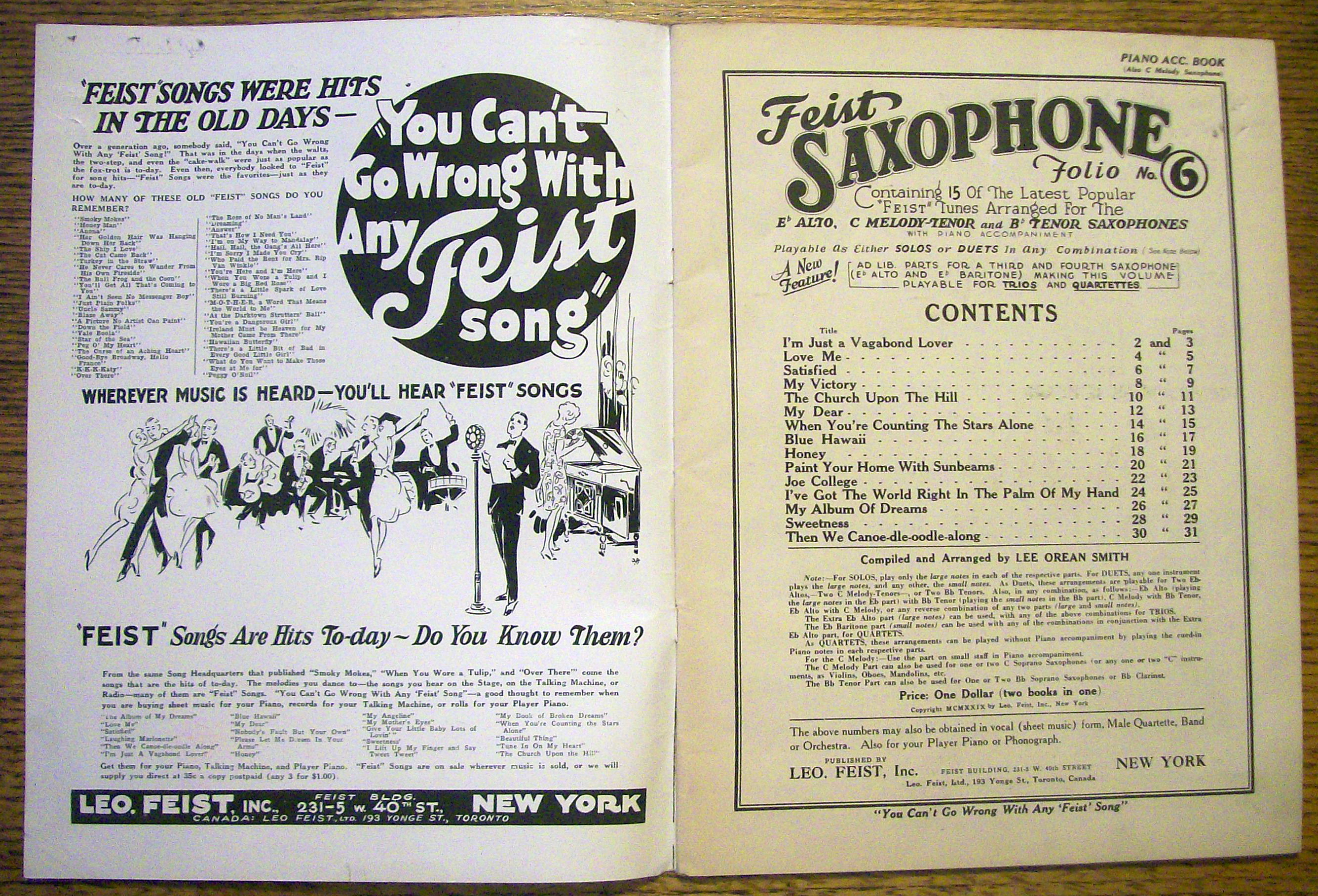 Sheet Music For 1929 Feist Saxophone Folio