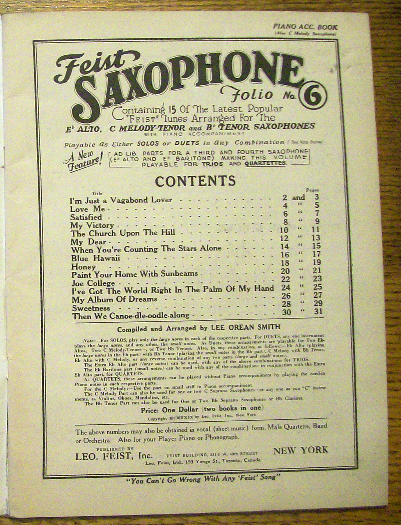 Sheet Music For 1929 Feist Saxophone Folio