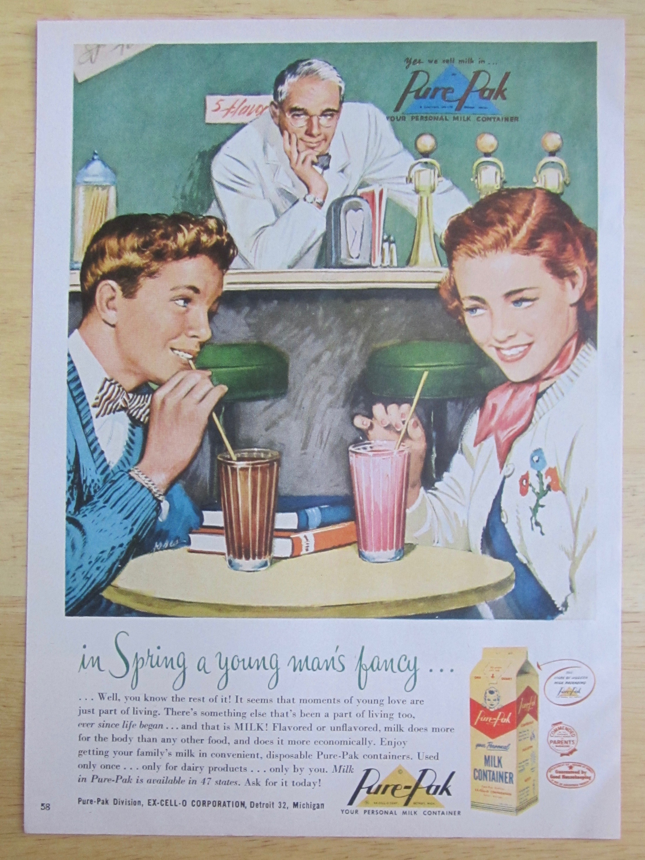 1951 Pure Pak Milk Container w/Boy & Girl Drinking Milk