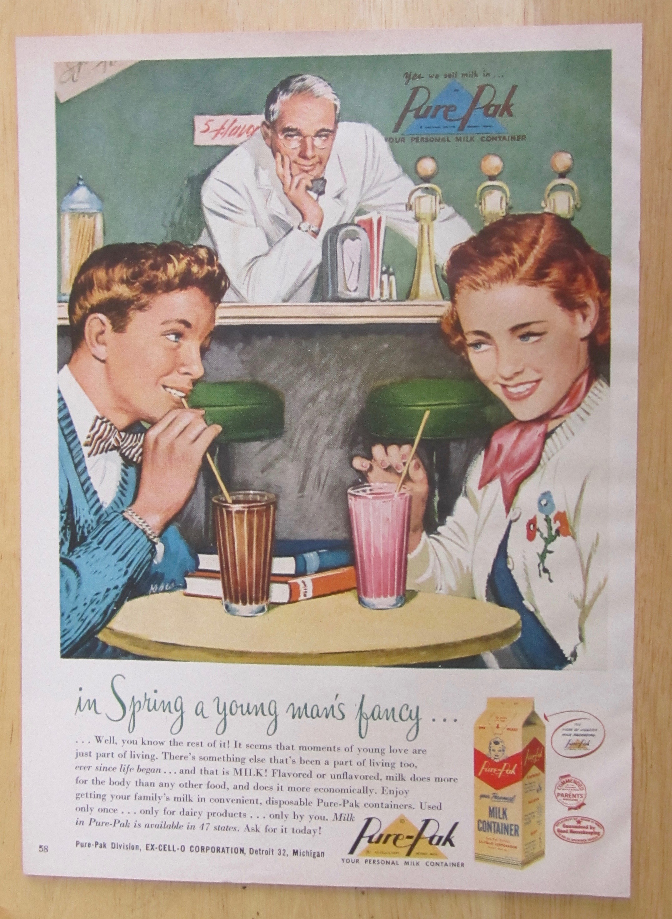 1951 Pure Pak Milk Container w/Boy & Girl Drinking Milk