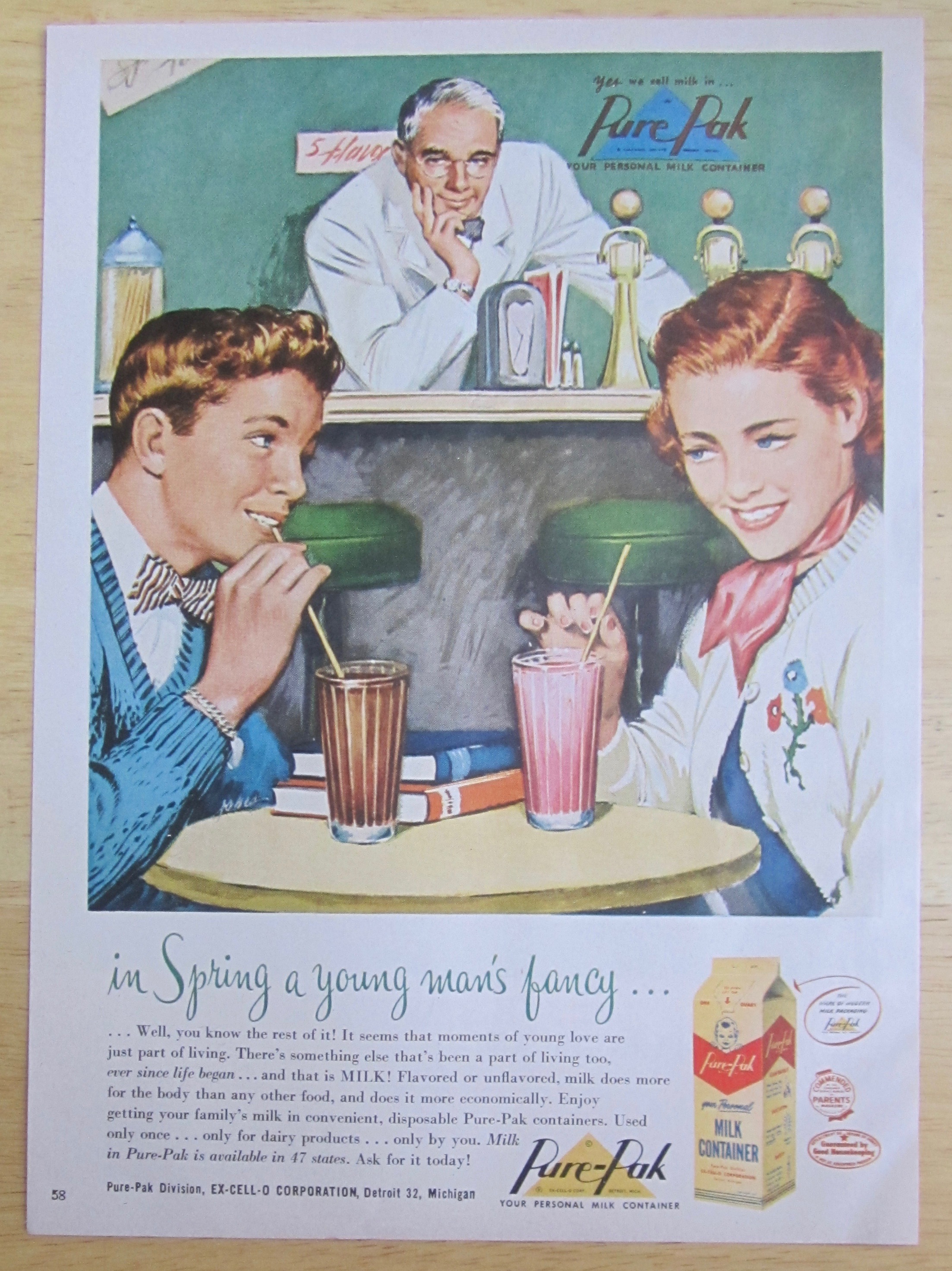 1951 Pure Pak Milk Container w/Boy & Girl Drinking Milk