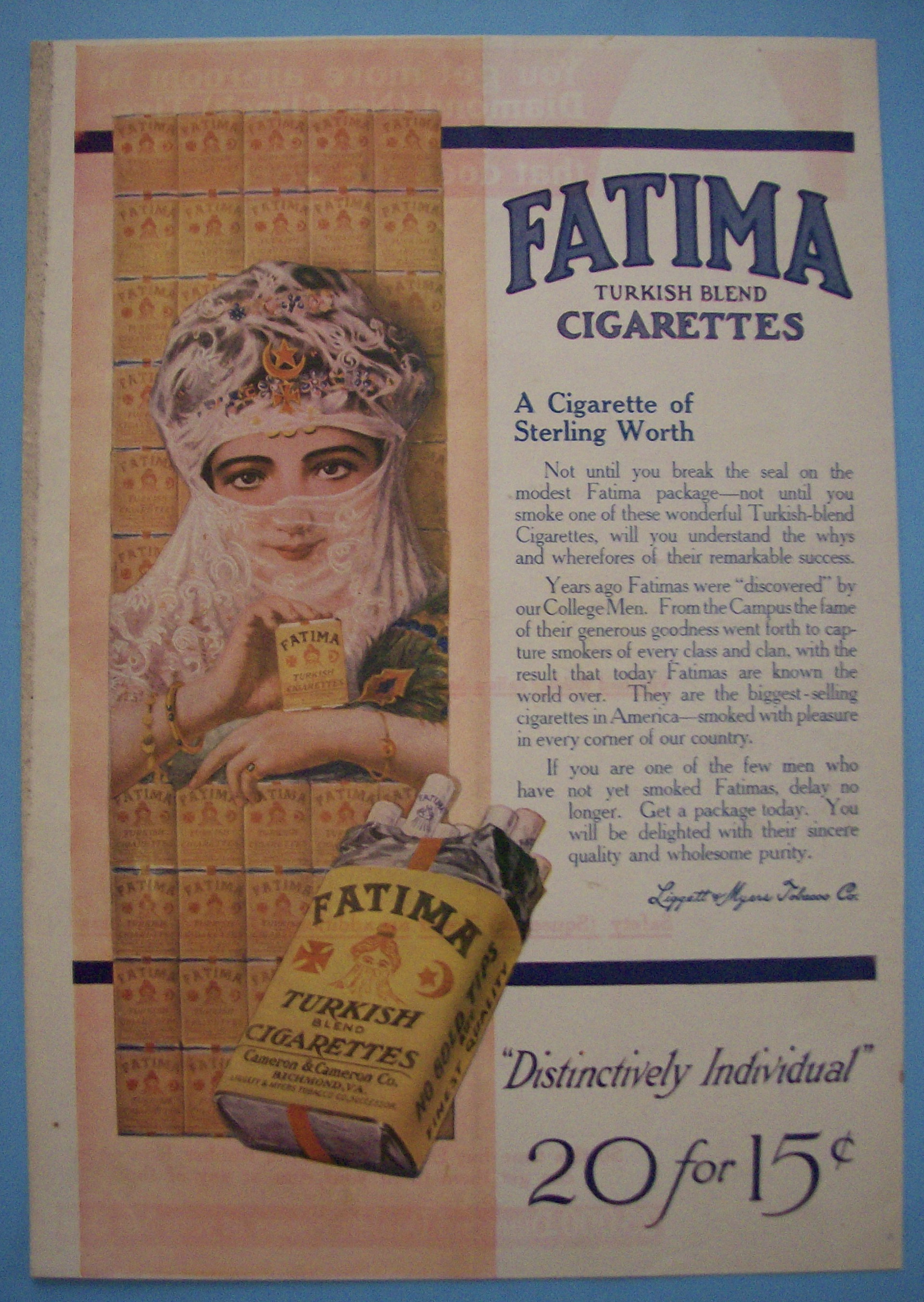 1913 Fatima Turkish Cigarettes with Woman Wearing Veil