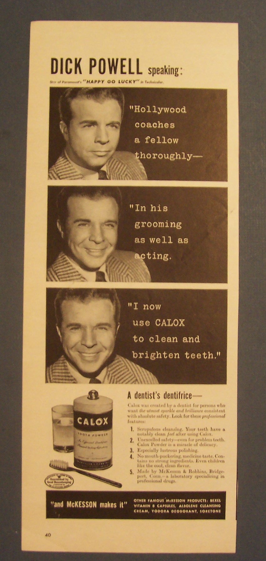 1943  Calox  Tooth  Powder  with  Dick  Powell