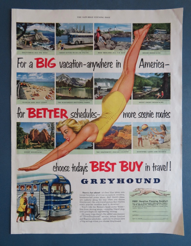 1952 Greyhound Bus Lines with Woman in Bathing Suit & Diving