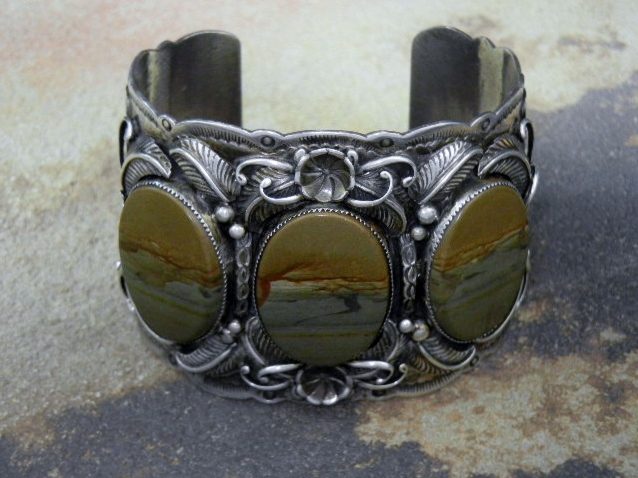 Picture Jasper Sterling Silver Cuff H. Harvey 120 Grams