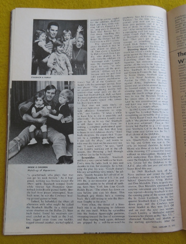 Time Magazine January 17, 1972 Super Bowl (Staubach & Griese)