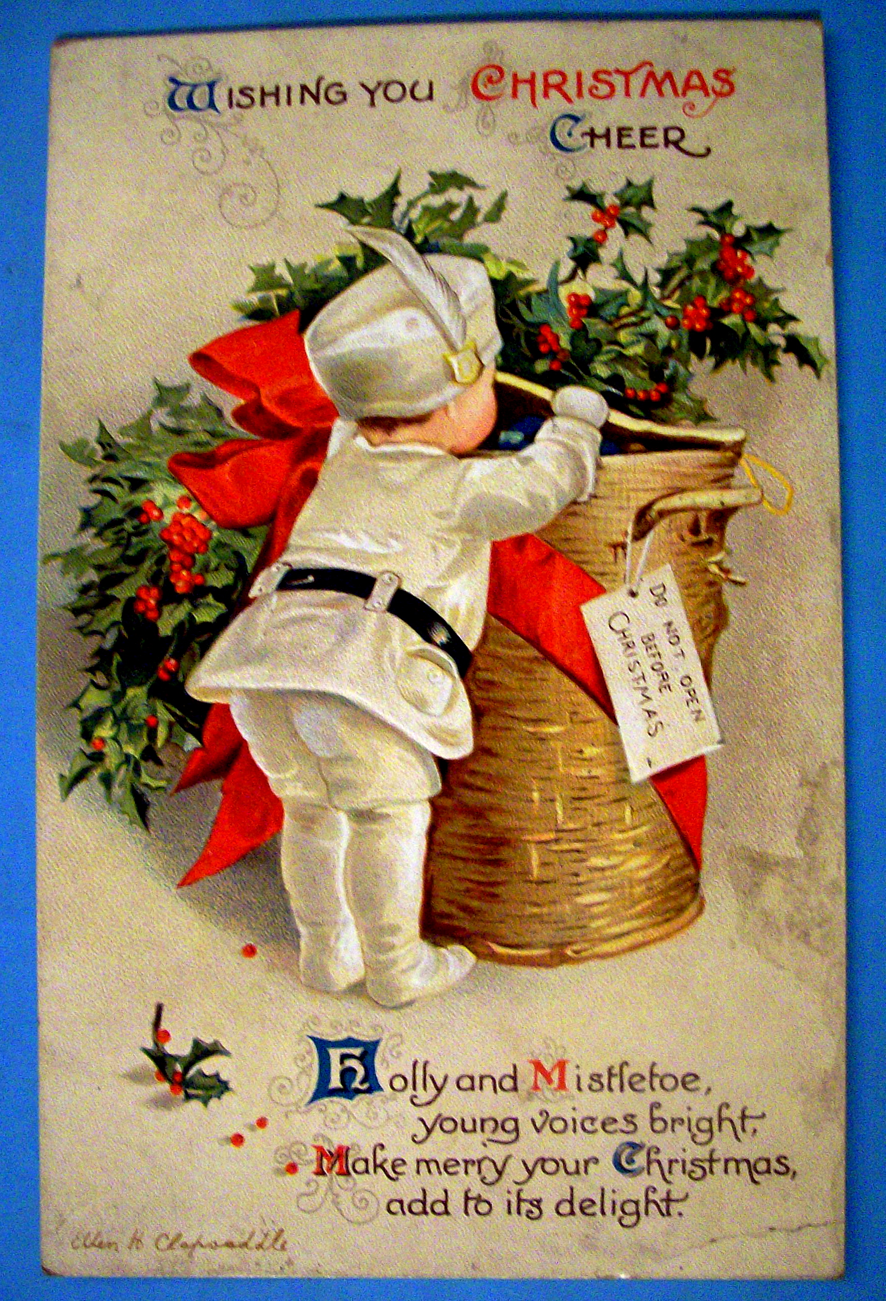 Wishing You Christmas Cheer Postcard with Boy & Basket
