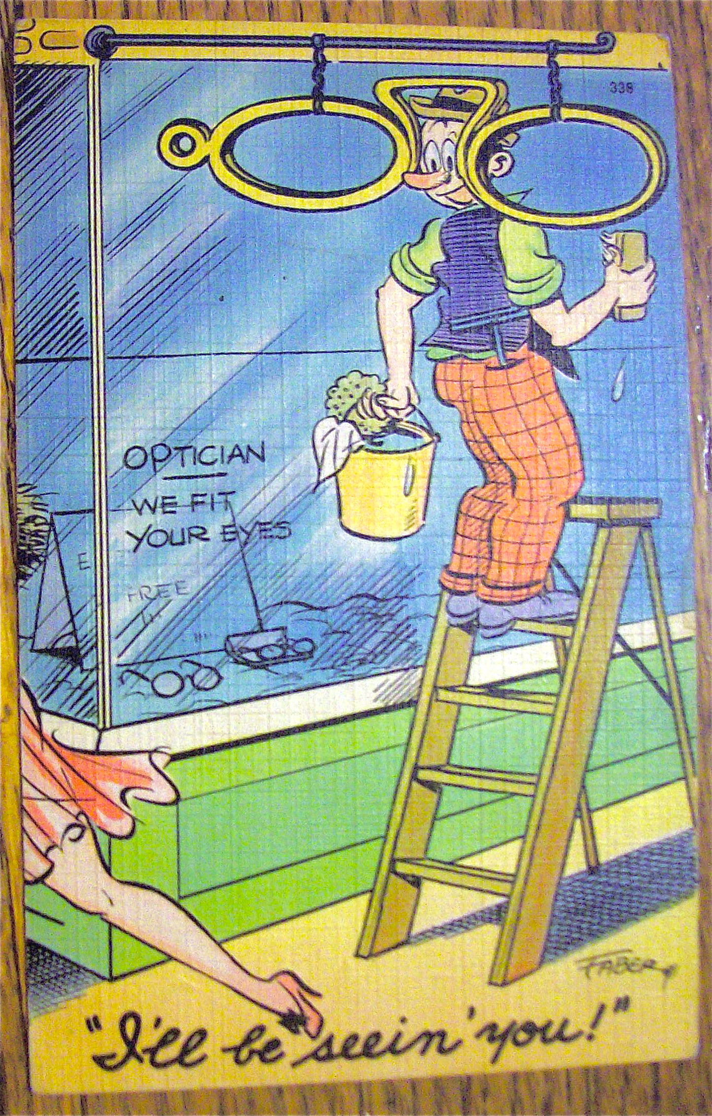 Man Cleaning Windows But Checking Out Woman Postcard