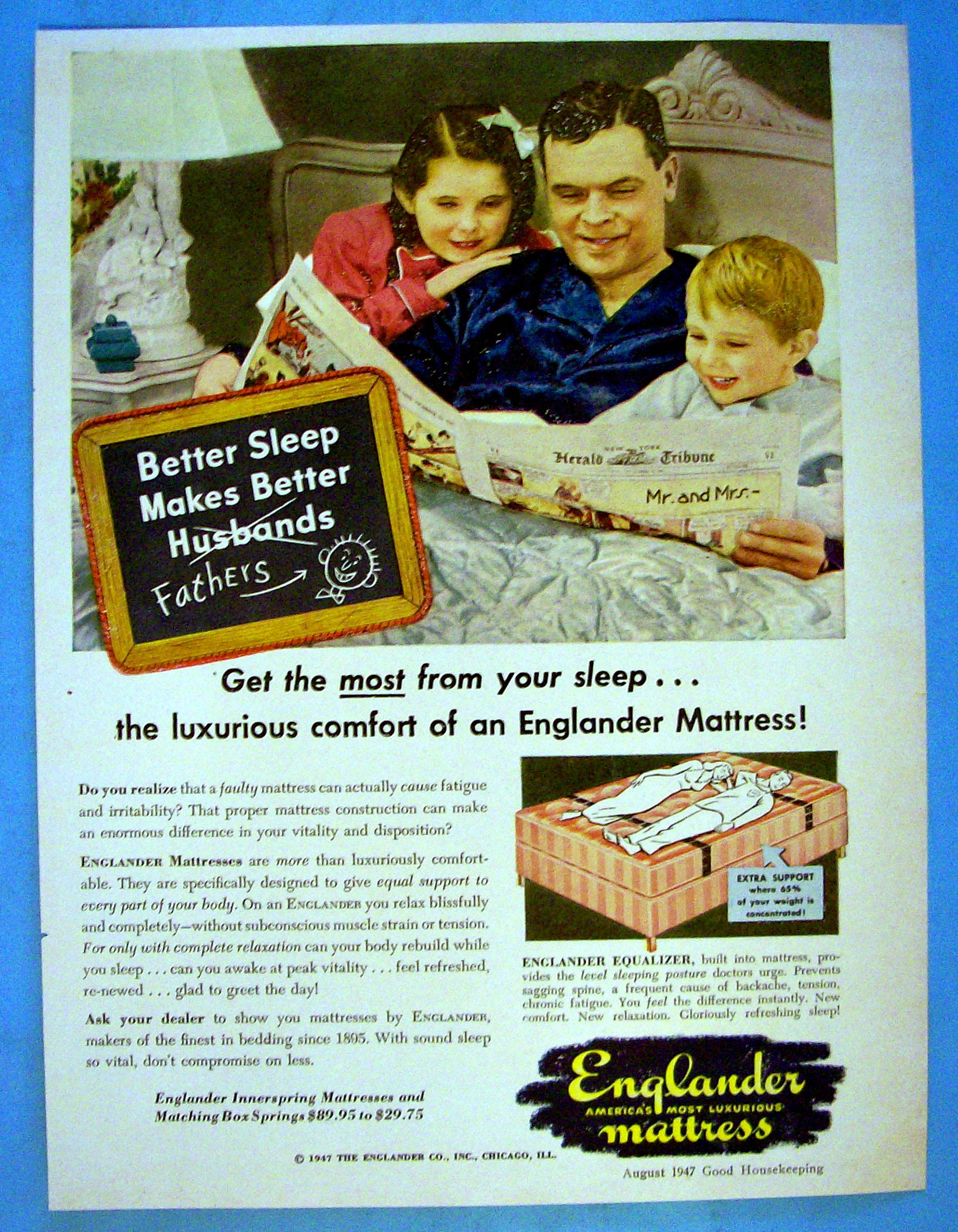 1947 Englander Mattress with Man & Children Laying in Bed & Reading
