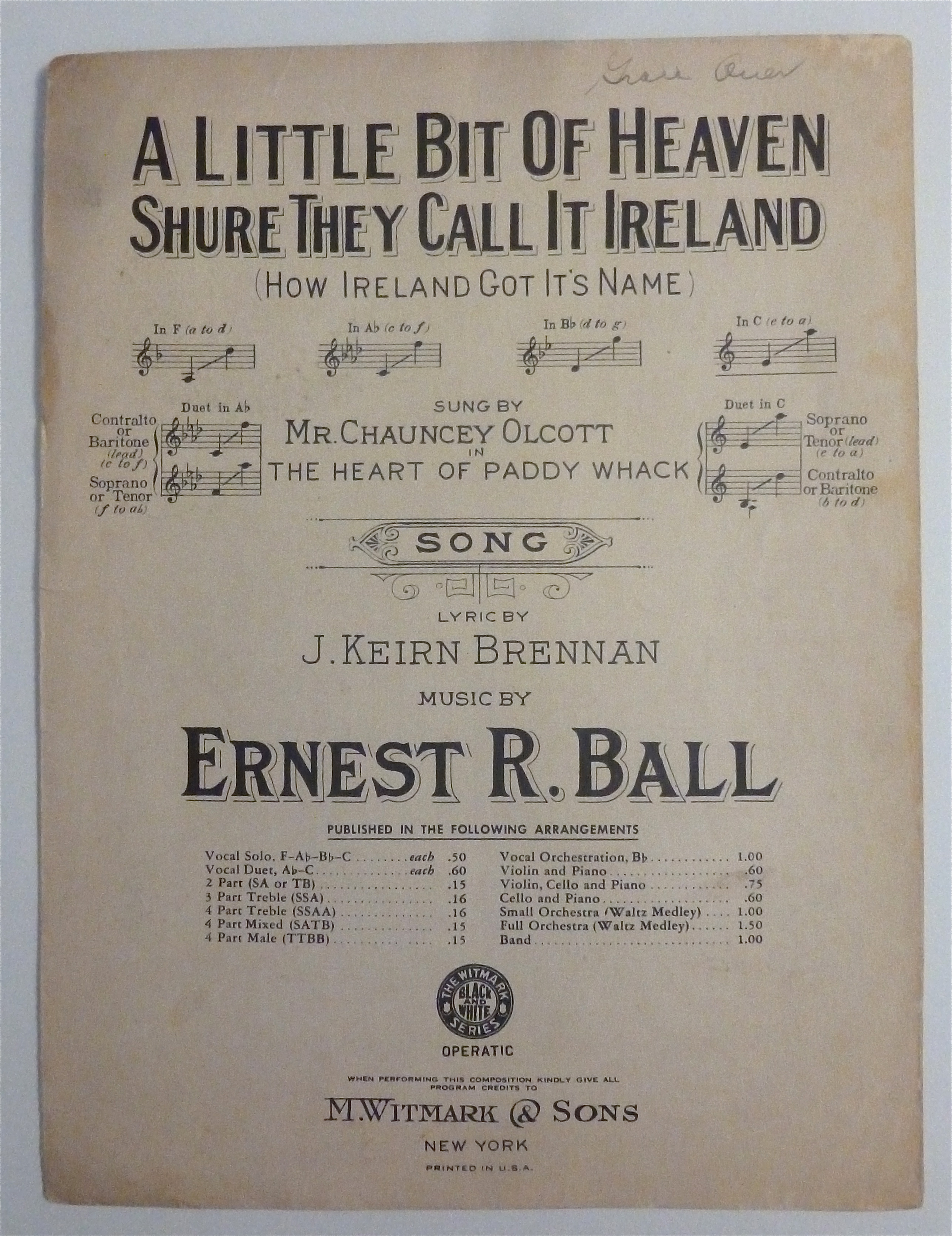 Sheet Music For 1914 A Little Bit Of Heaven