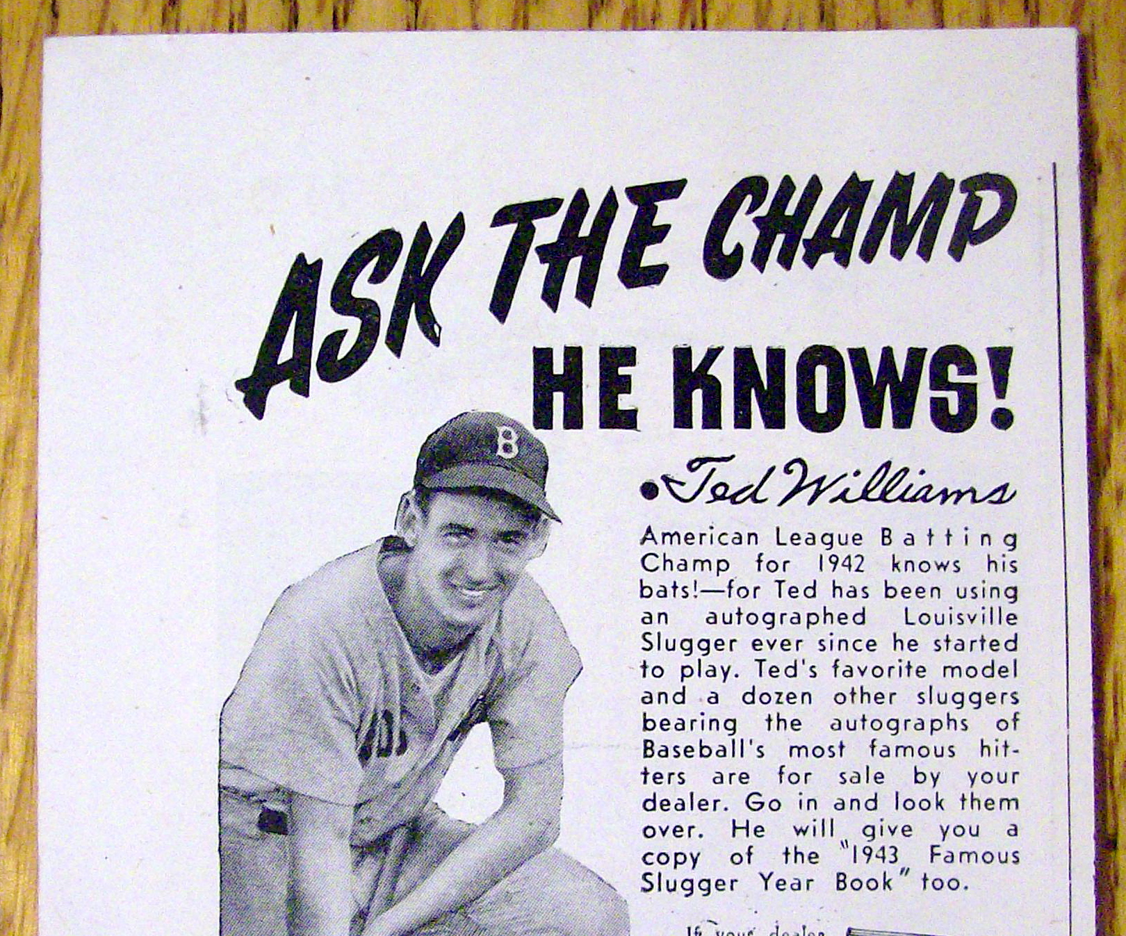 1943 Louisville Slugger Baseball Bat with Ted Williams