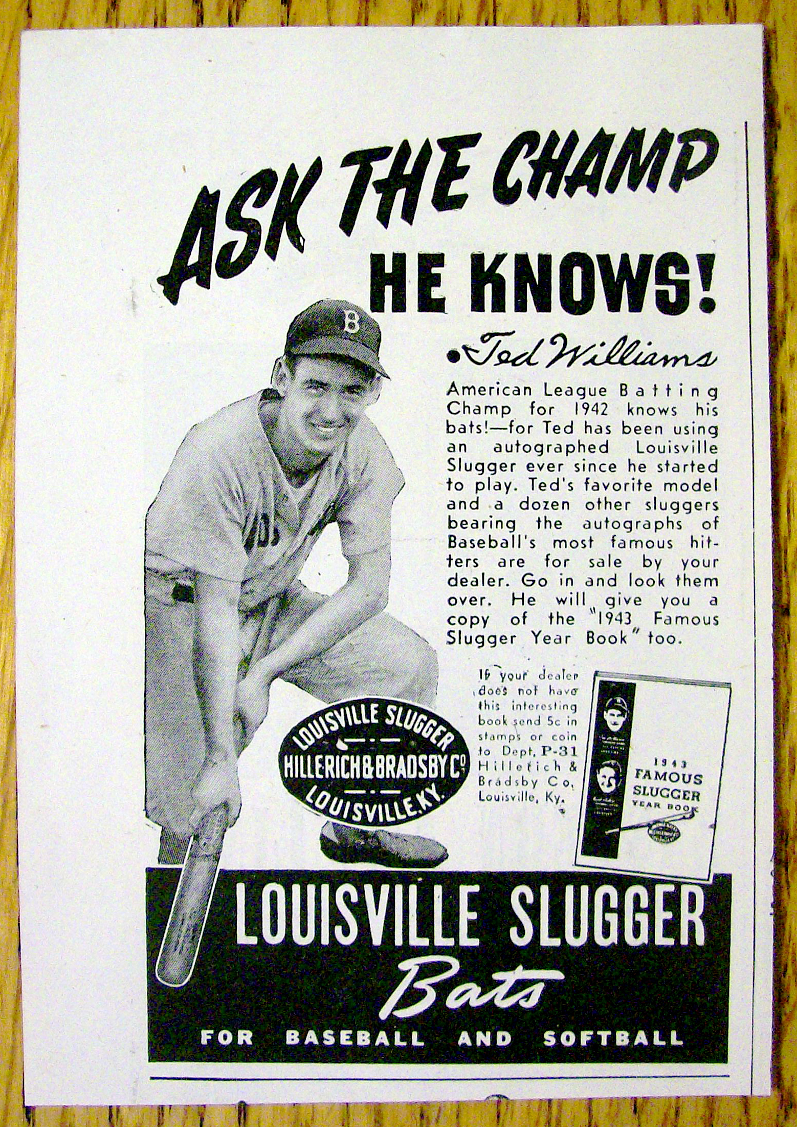 1943 Louisville Slugger Baseball Bat with Ted Williams