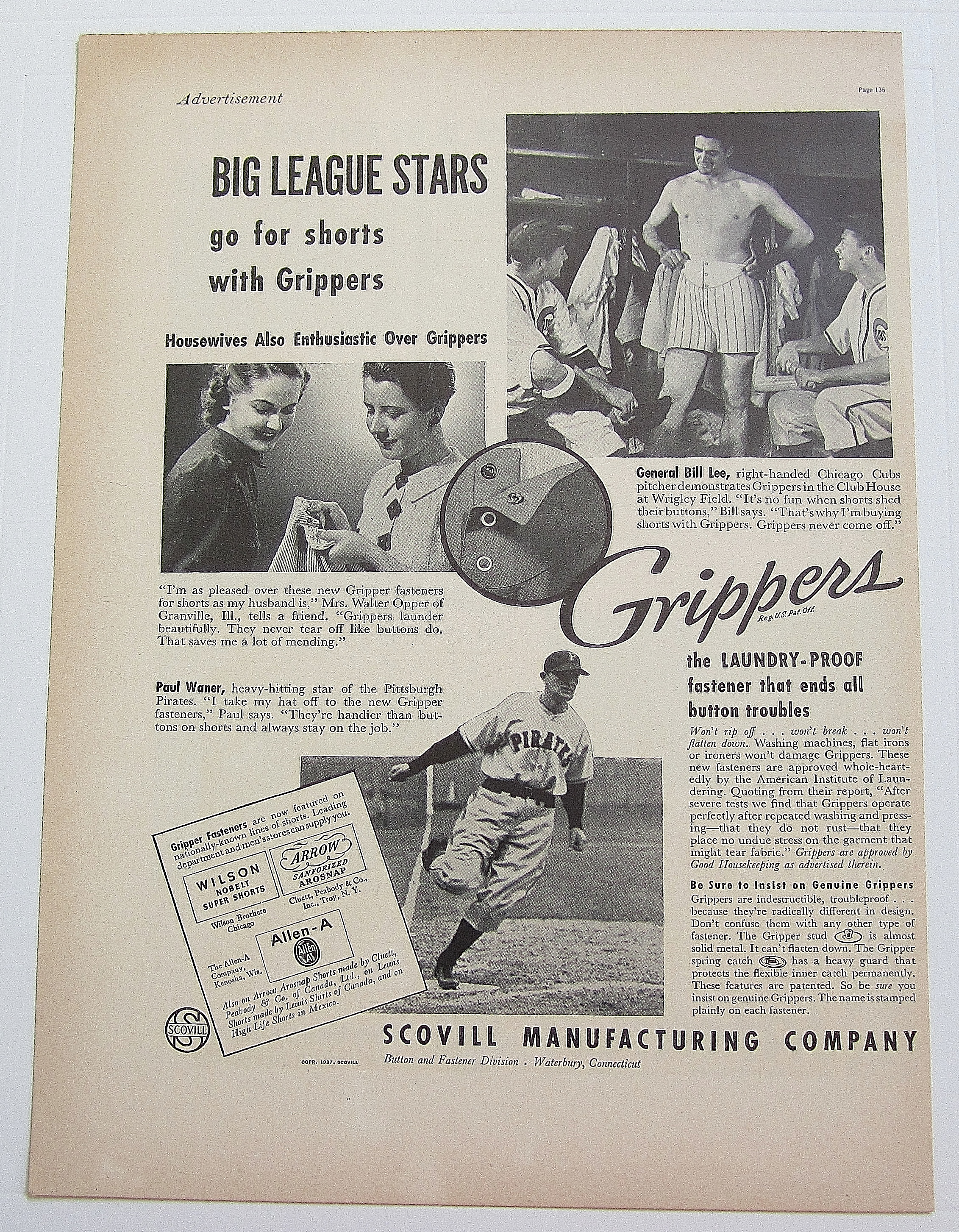 1937 Grippers With Pirates' Paul Waner & Cubs' Bill Lee