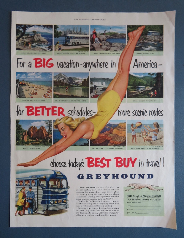 1952 Greyhound Bus Lines with Woman in Bathing Suit & Diving
