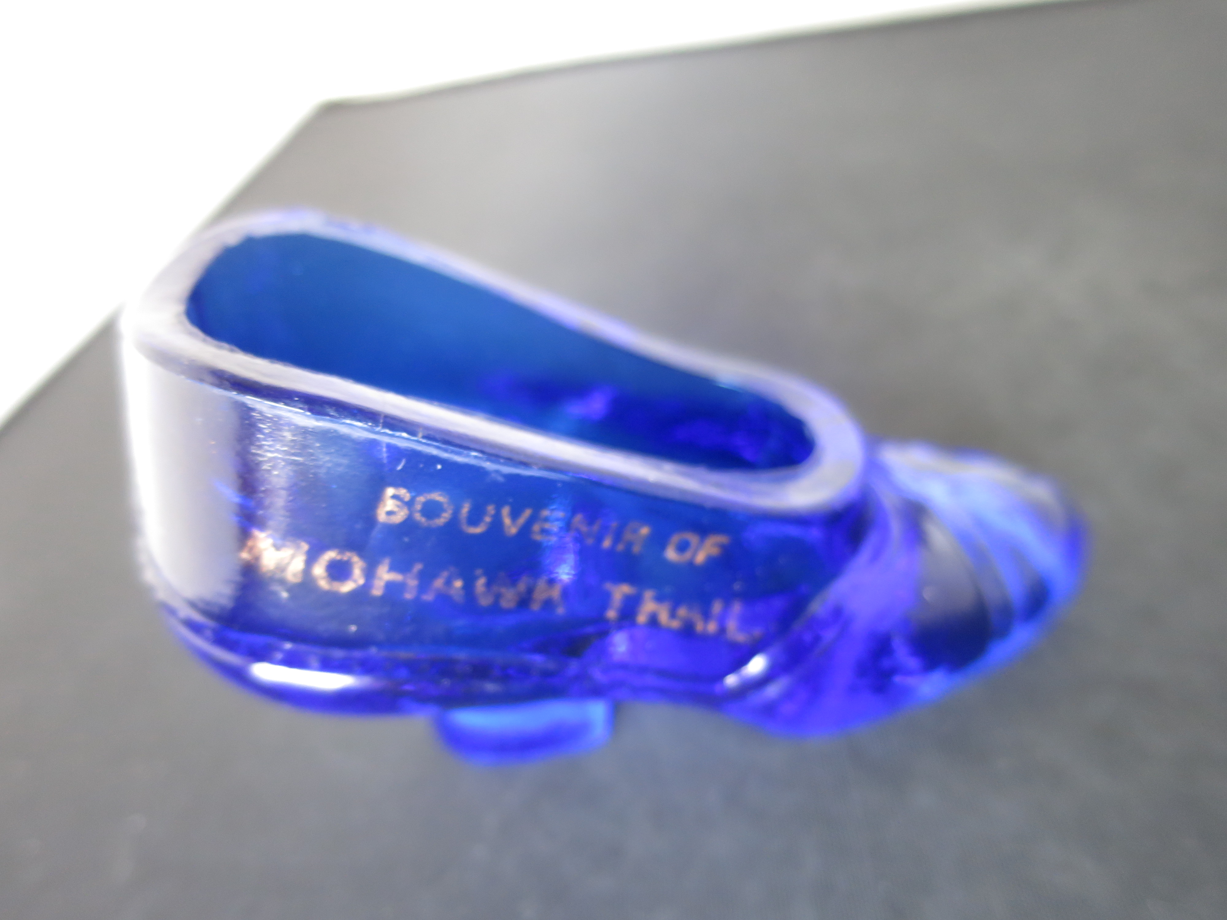 Souvenir of Mohawk Trail Cobalt Blue Glass Shoe