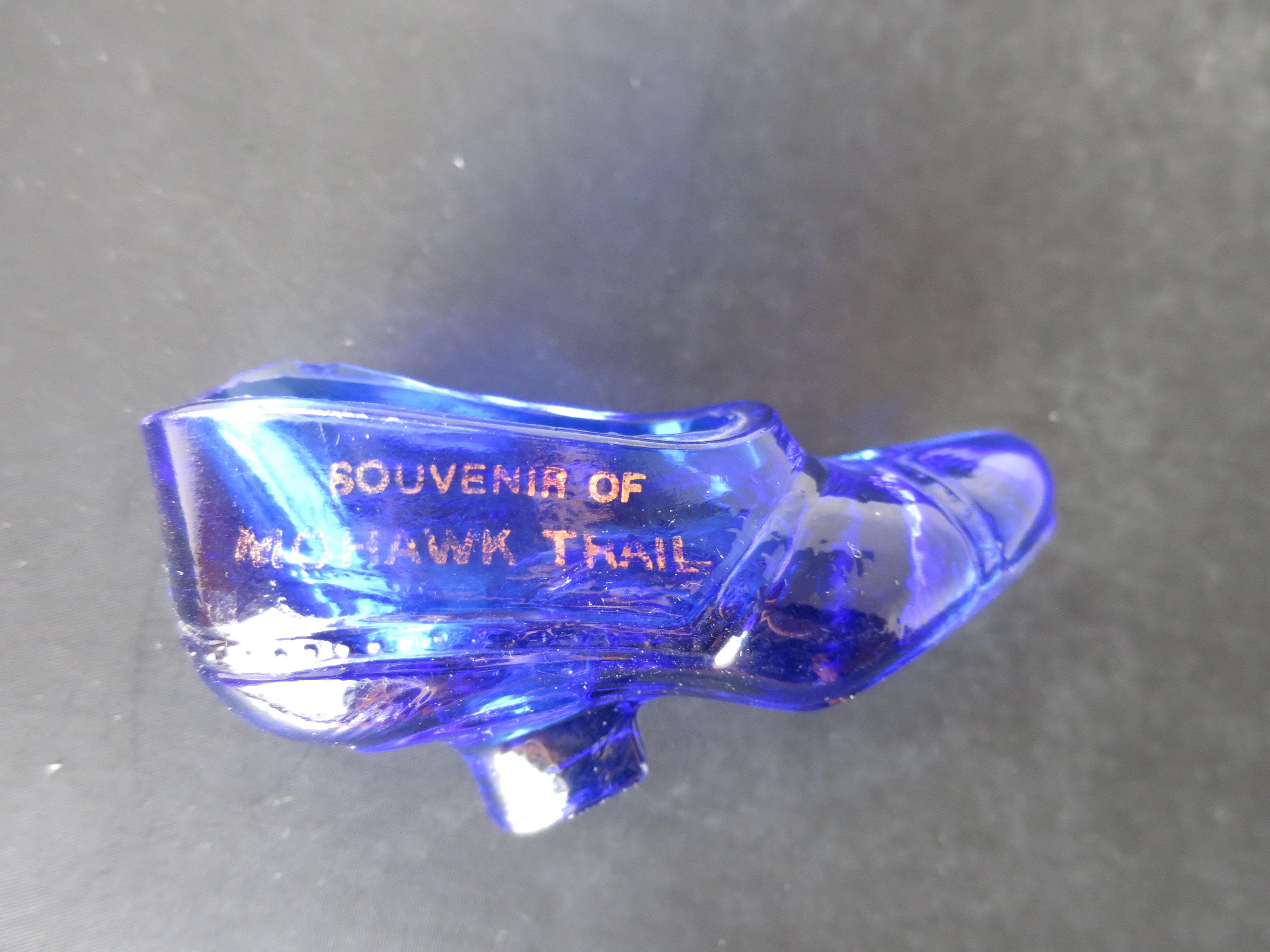 Souvenir of Mohawk Trail Cobalt Blue Glass Shoe