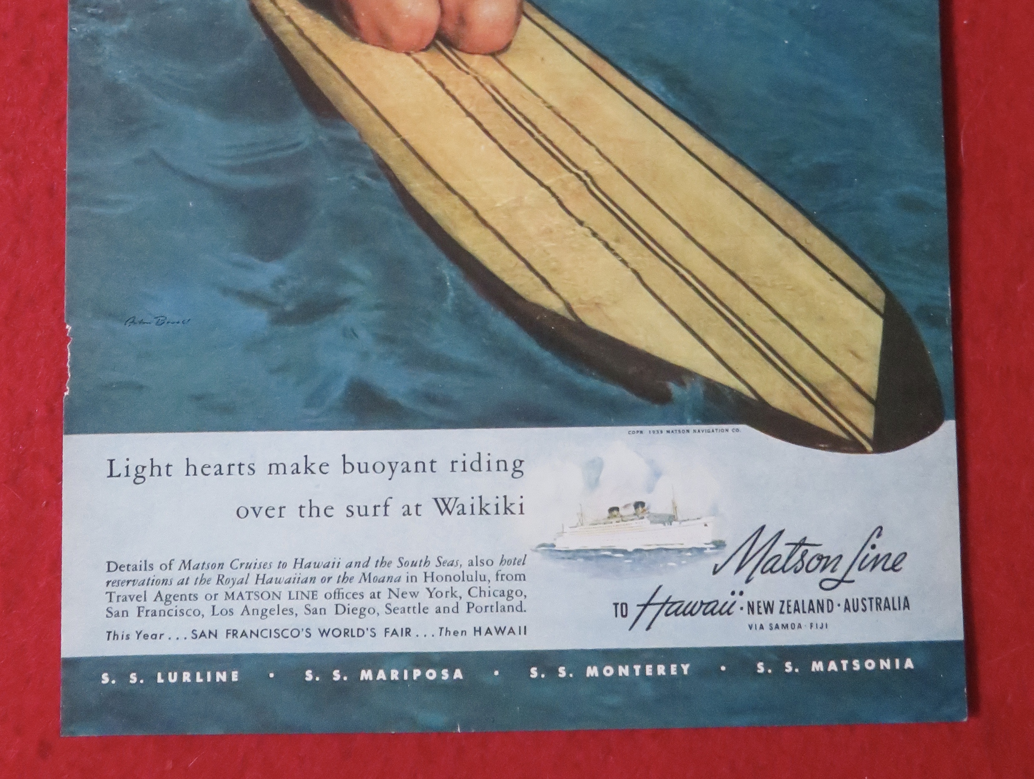 1939 Matson Line To Hawaii with Woman on a Surfboard