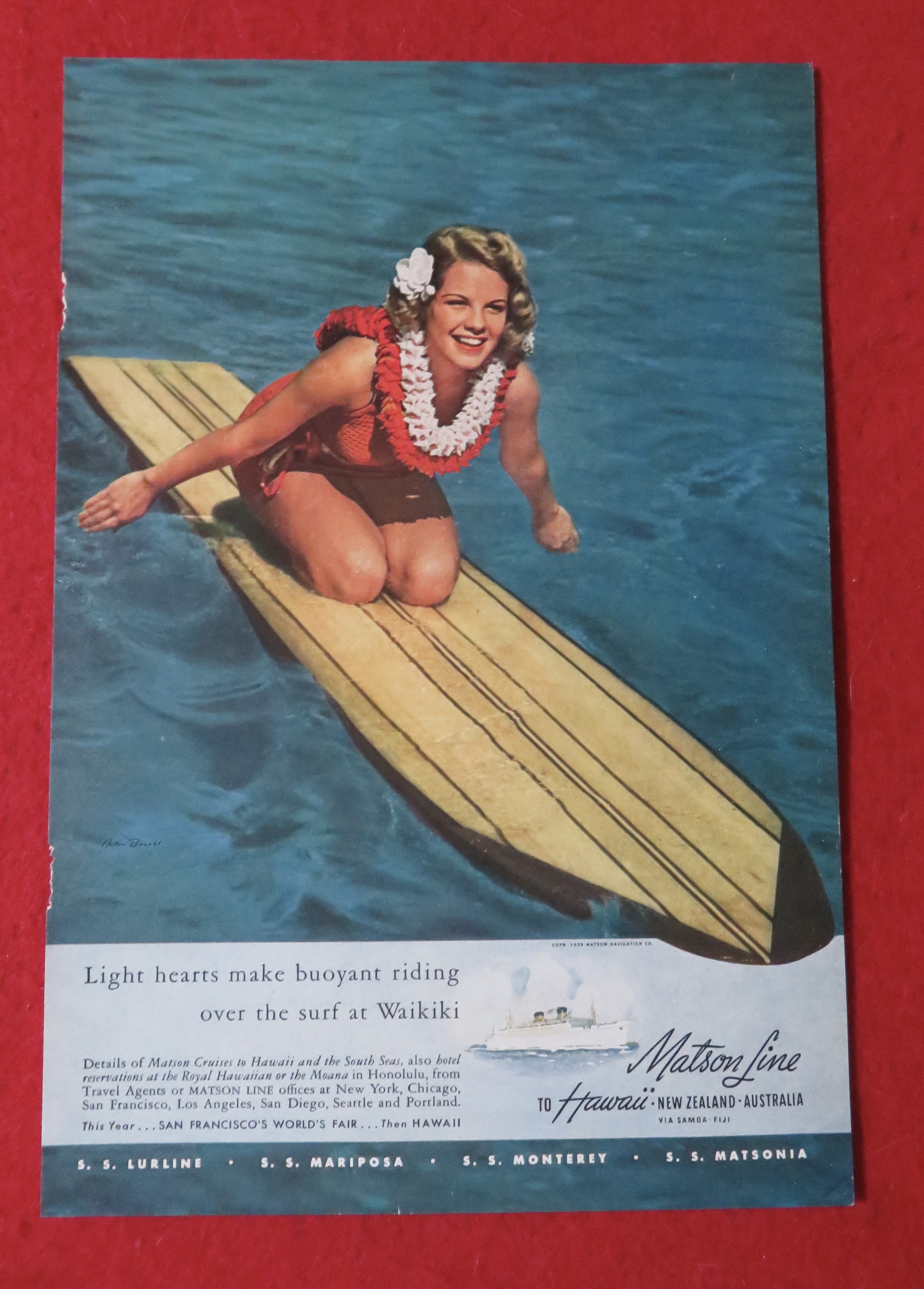 1939 Matson Line To Hawaii with Woman on a Surfboard